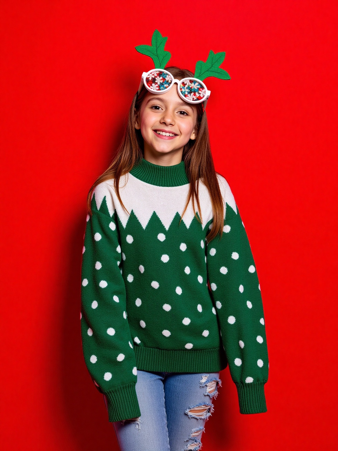 christmas,  christmas theme,  A girl is standing in front of a red wall. She is wearing a green and white sweater. The swe...