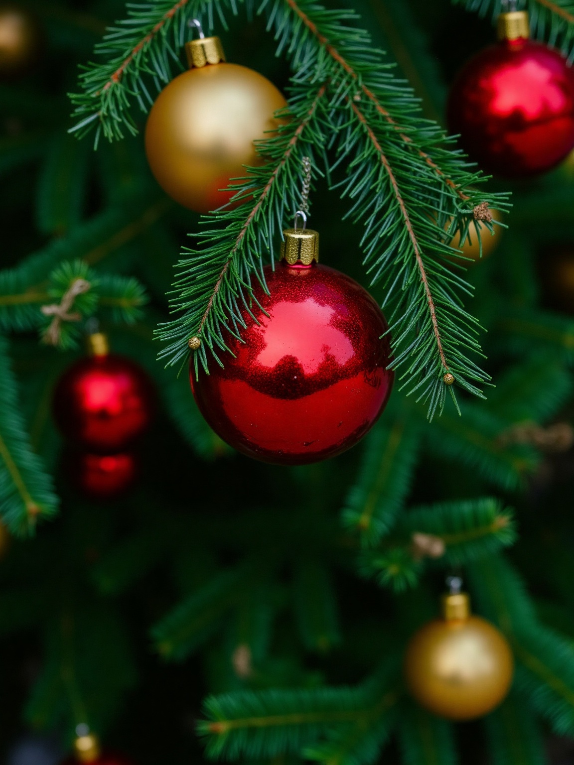 christmas,  christmas theme,  A close-up view of a Christmas tree branch is visible. The branch is a vibrant green on Tens...