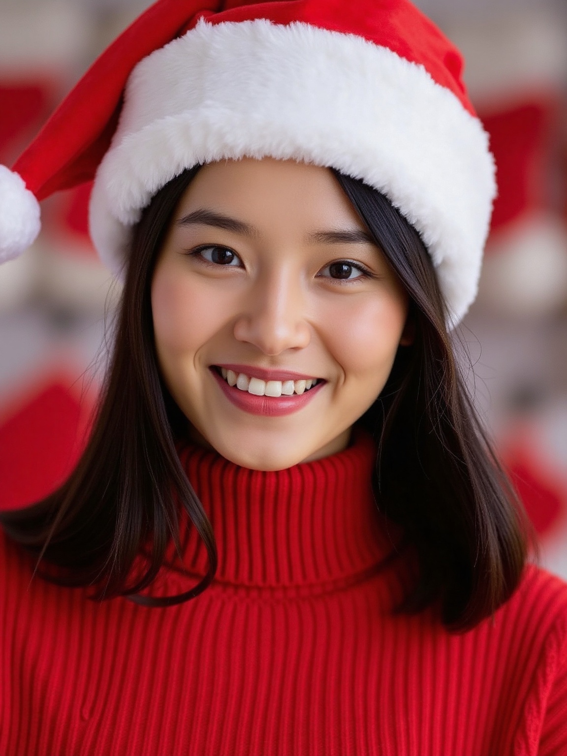 christmas,  christmas theme,  A close-up shot of a young Asian woman with long dark hair on Tensor.Art