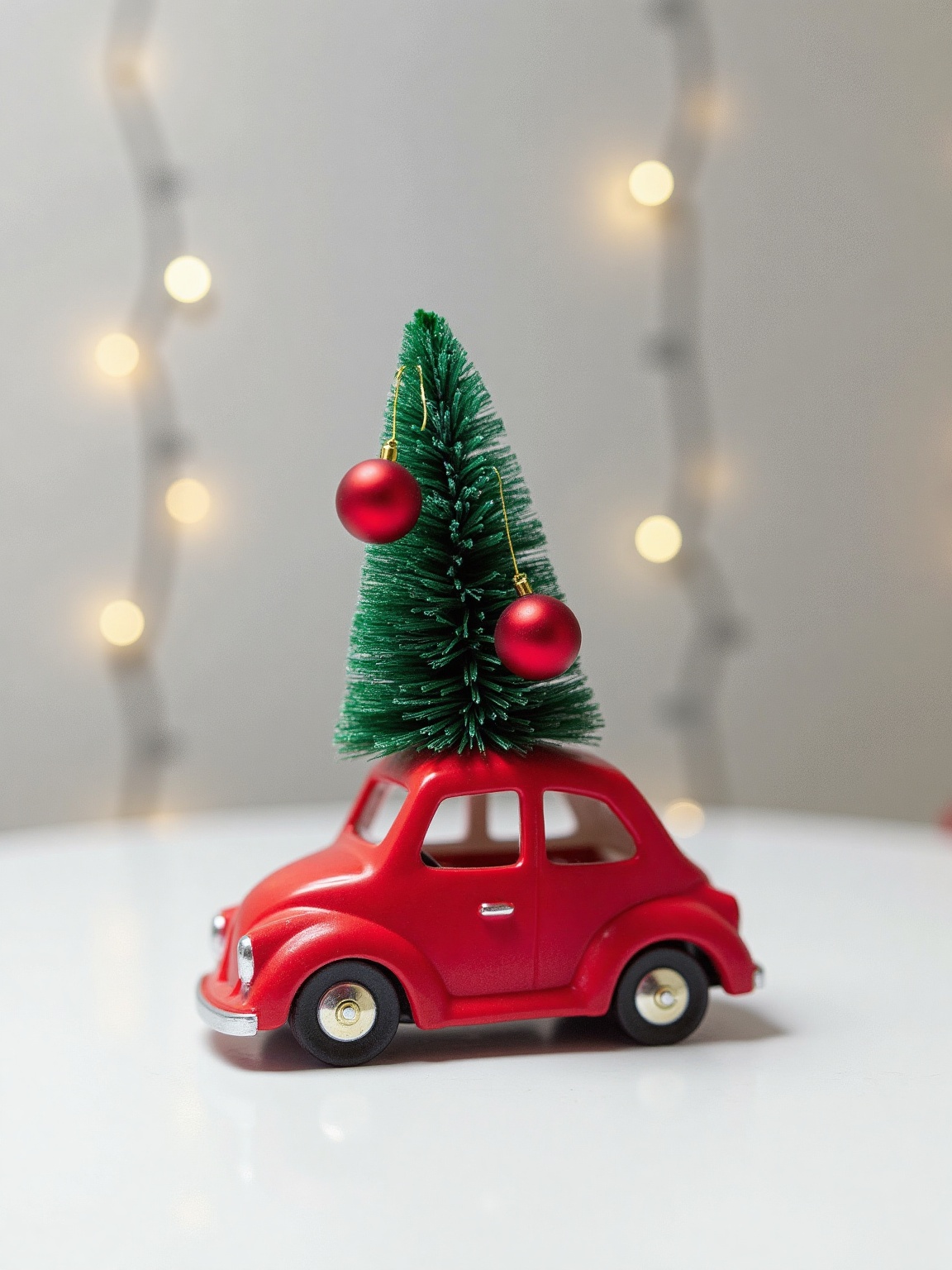 christmas,  christmas theme,  A small red toy car is sitting on a white table. The car is small and has two silver hubcaps...