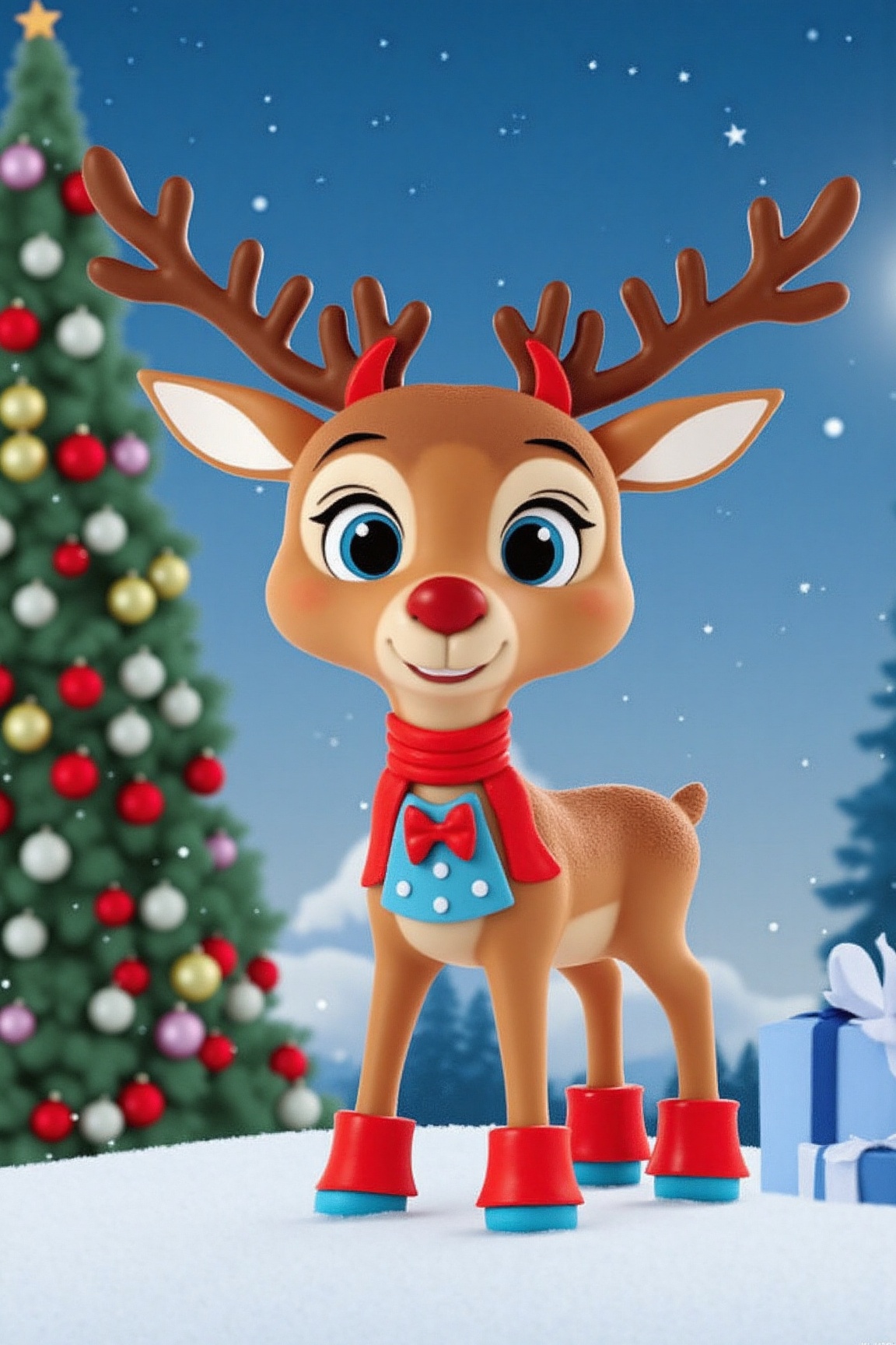 christmas,  christmas theme,  A medium-sized animated reindeer is standing on a snow-covered surface. The toy is positione...