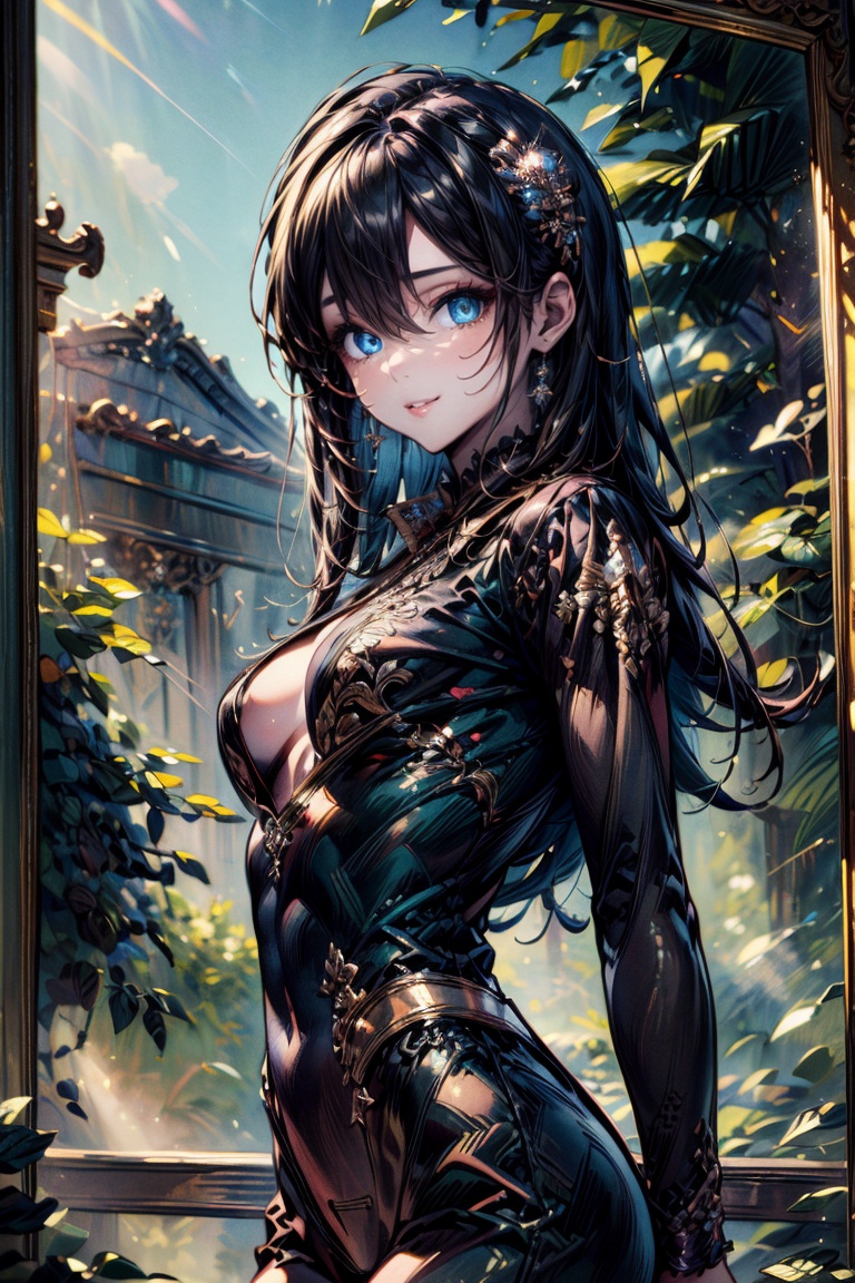 A masterpiece of a teenage girl with a pretty face and striking blue eyes,  her disheveled long black hair flowing dynamic...