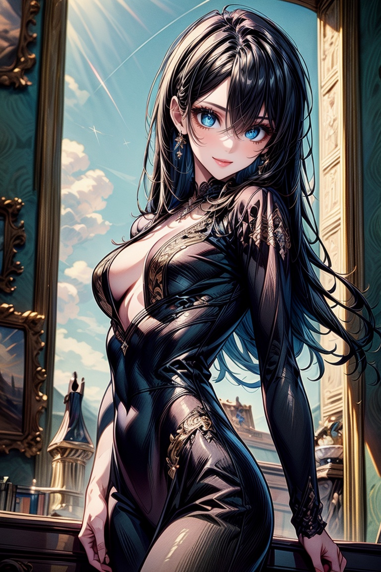 A masterpiece of a teenage girl with a pretty face and striking blue eyes,  her disheveled long black hair flowing dynamic...