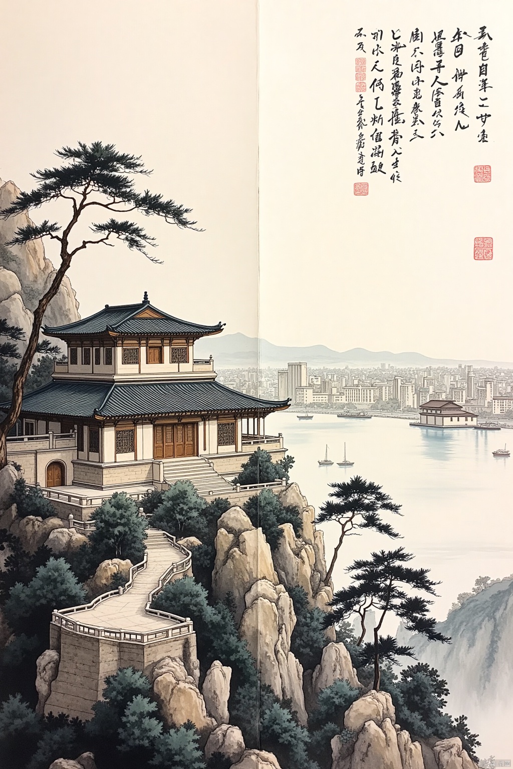 OBguofeng,
A panoramic ink wash painting showcasing a grand Lingnan estate situated on a hill overlooking a coastal city. The estate, featuring characteristic Lingnan architecture with its low-rise buildings and wide eaves, seamlessly blends with the surrounding landscape. The coastal city stretches out below, its buildings and harbors visible in the distance. The scene should emphasize the connection between the built environment and the natural world, highlighting the beauty of the landscape and the elegance of the architecture. The artist should use a variety of ink washes to create depth and perspective, capturing the details of both the estate and the coastal city. The overall mood should be one of serenity and grandeur.
