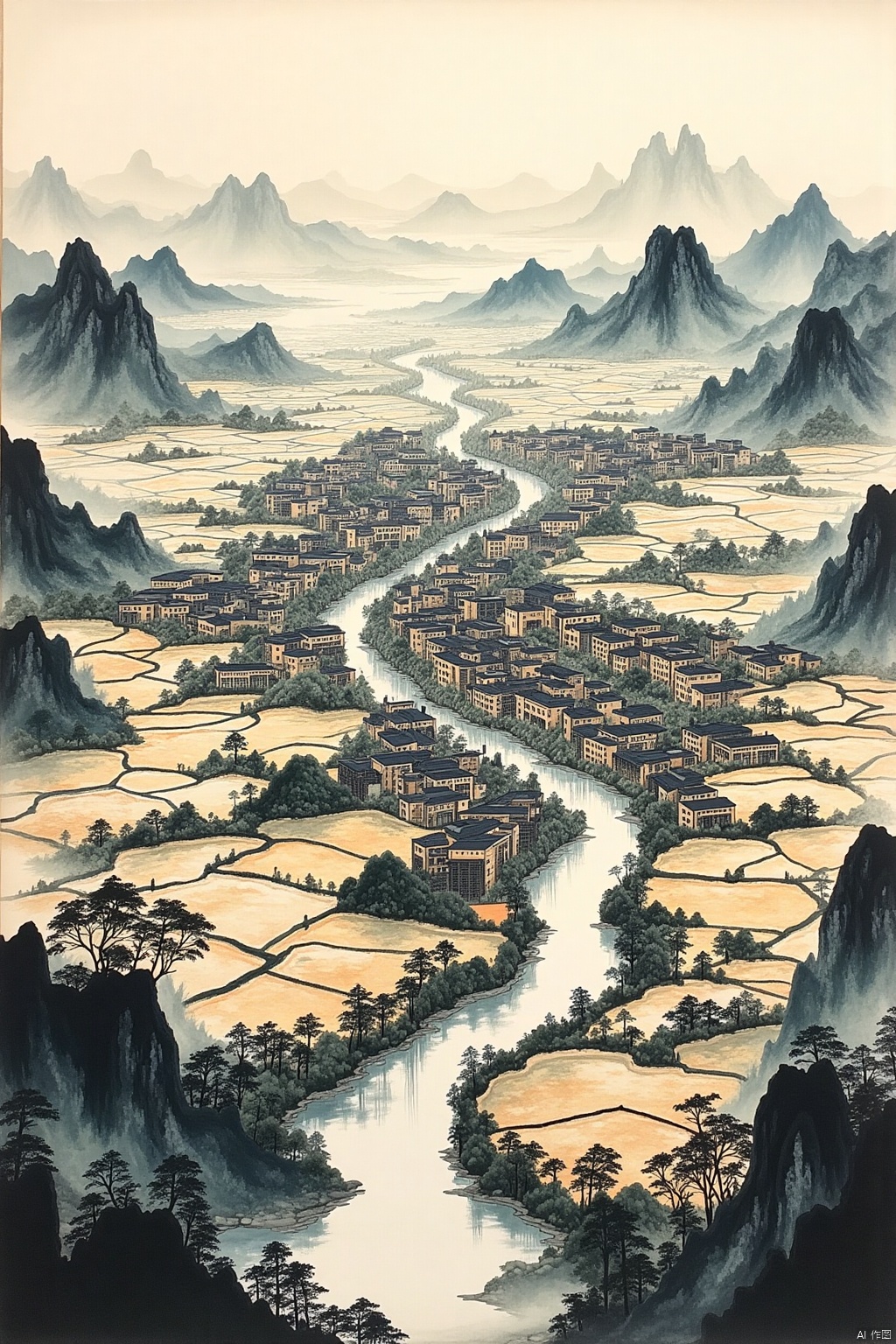 OBguofeng,
A panoramic ink wash painting depicting a Lingnan city integrated with its surrounding natural environment, such as rice paddies, mountains, and waterways. Show the harmonious relationship between the built environment and the landscape. Use a wide range of ink washes to create a sense of depth and perspective.