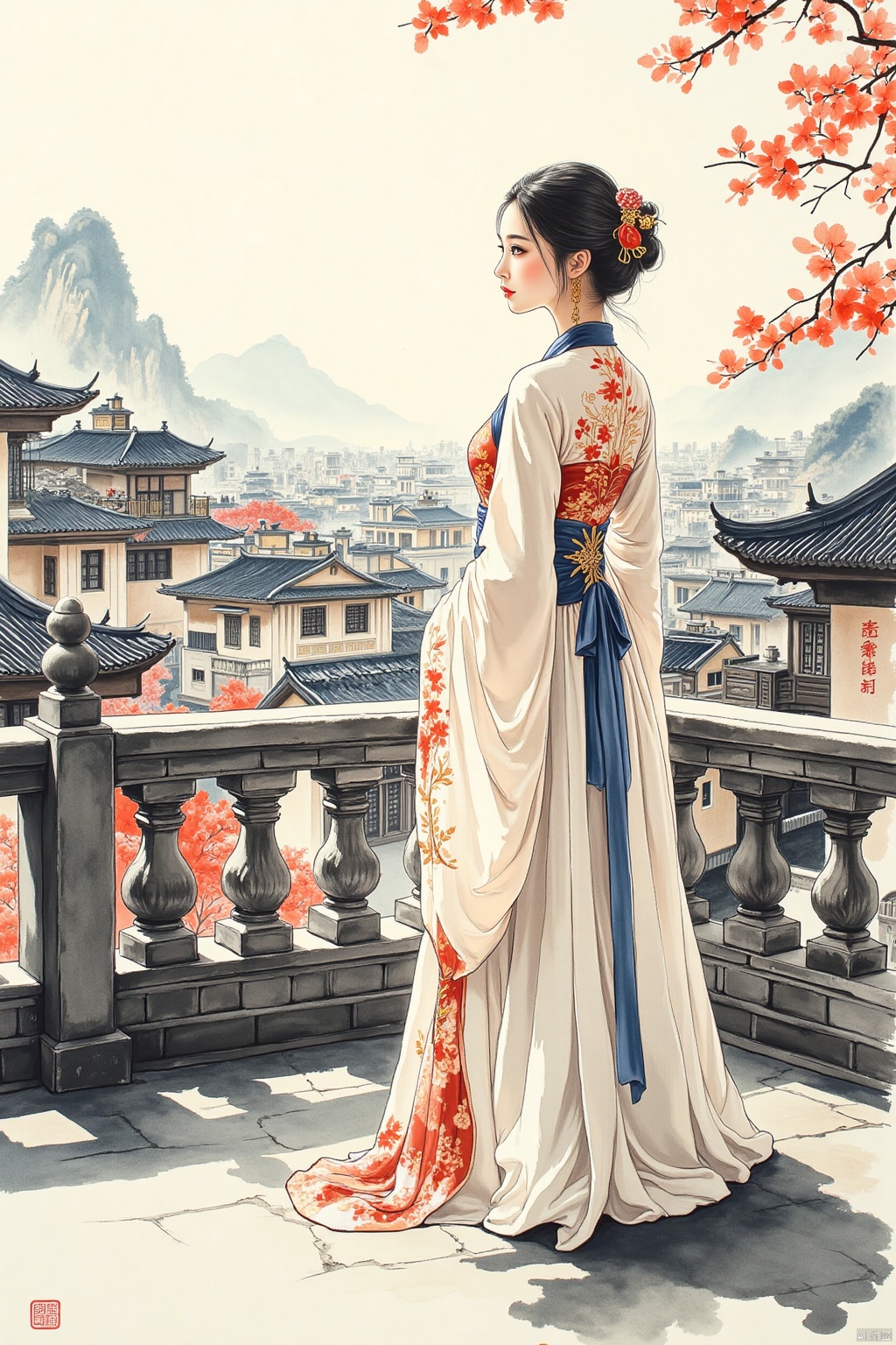 OBguofeng,
A beautiful woman in traditional Lingnan attire stands gracefully on a veranda overlooking a bustling city. The architecture of the buildings showcases the distinctive features of Lingnan style, with its low-rise structures and wide eaves providing shade. The woman's pose should be elegant and contemplative, her expression serene. The scene should evoke a sense of tranquility and cultural richness. The artist should use a variety of ink washes to create depth and contrast, emphasizing the textures of the clothing and the architecture. The brushstrokes should be both precise and expressive, capturing the details of the woman's clothing and the architecture while also conveying a sense of movement and serenity. The overall mood should be one of peaceful beauty and cultural harmony.