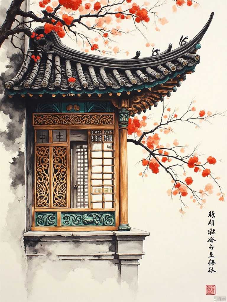 OBguofeng,
An ink wash painting focusing on the intricate details of a specific element of Lingnan architecture, such as the ornate carvings on a wooden window frame, the decorative tiles on a roof, or the meticulously crafted latticework of a veranda. The focus should be on the artistry and skill of the artisans, highlighting the unique aesthetic of Lingnan craftsmanship. The artist should use a variety of ink washes to capture the depth and texture of the materials, emphasizing the fine details of the carving, the patterns of the tiles, or the intricate weaving of the bamboo.