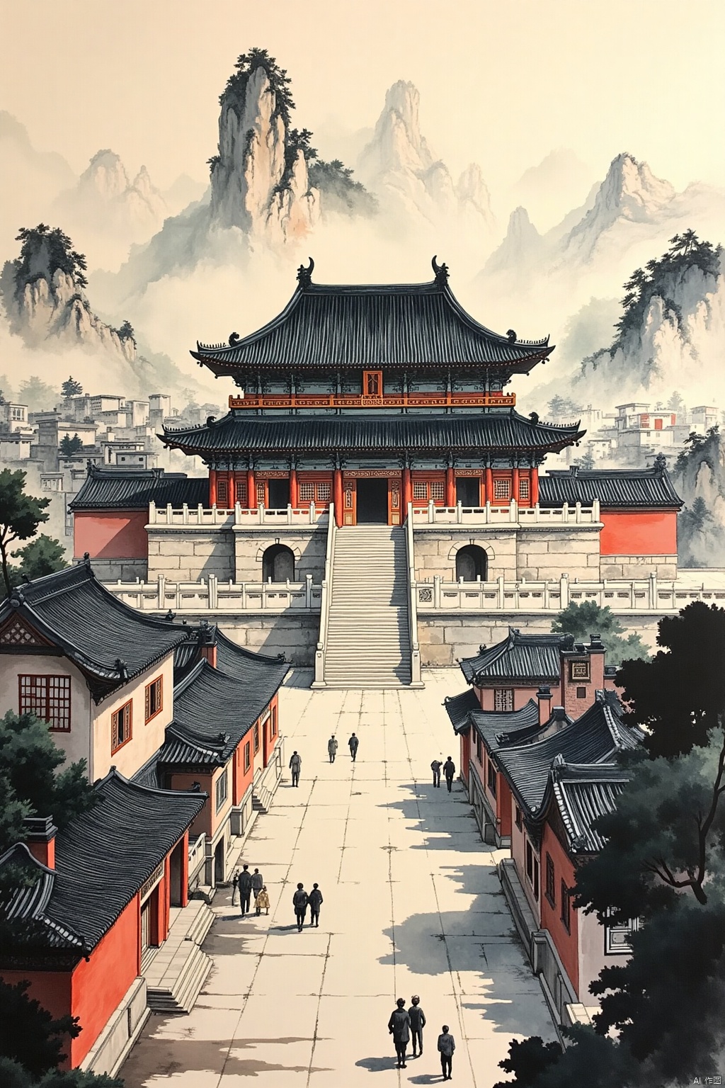 OBguofeng,
A panoramic ink wash painting showcasing a grand Lingnan ancestral hall situated prominently within a city. The ancestral hall, with its characteristic architectural features – including a large central courtyard, intricate wood carvings, and elaborate roofline – should be depicted with a sense of scale and grandeur. The surrounding buildings, also in the Lingnan style, should reflect the density and vibrancy of the city. The scene should emphasize the importance of ancestral reverence within Lingnan culture and the hall's role as a focal point of the community. The artist should utilize a wide range of ink washes to create depth and atmospheric perspective, highlighting the interplay of light and shadow.