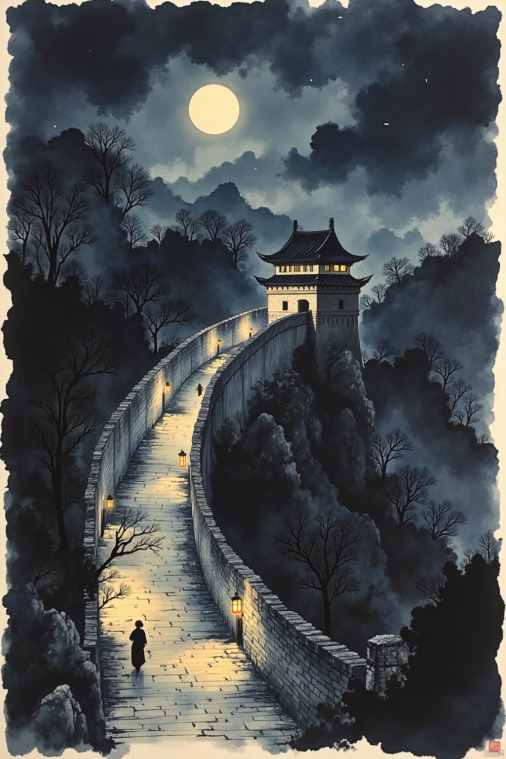 OBguofeng,
A dramatic ink wash painting depicting a section of a Lingnan city wall at night, illuminated by the moon and a few scattered lanterns. The scene should evoke a sense of mystery and quiet vigilance. The artist should use a limited palette of dark and light washes to create a sense of depth and atmosphere. The brushstrokes should be bold and expressive, capturing the texture of the wall and the darkness of the night. Include details like the silhouettes of guard towers and the faint glow of lanterns.