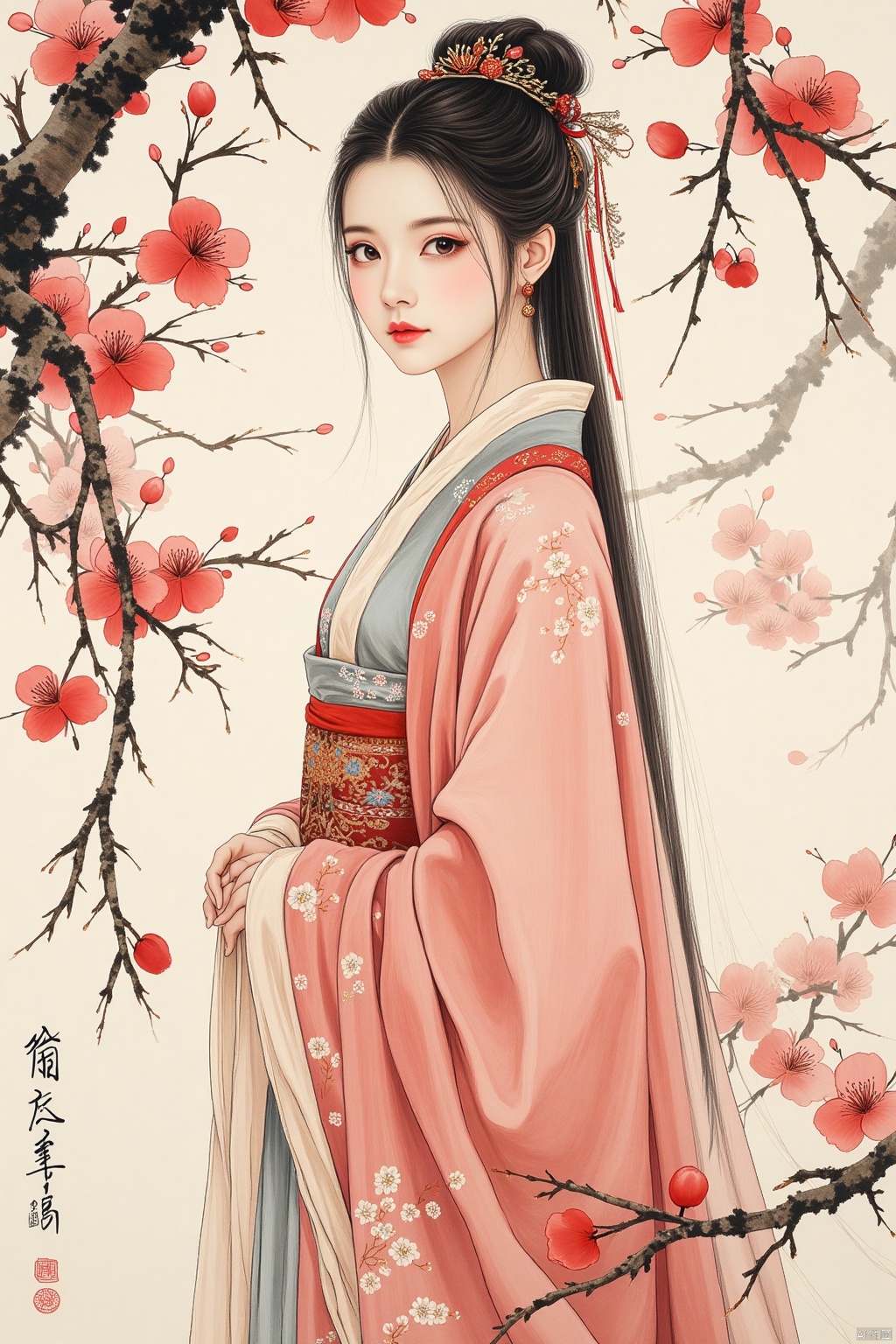 OBguofeng,
A poised young woman in elegant Hanfu, standing amidst a blossoming plum orchard in springtime. The blossoms are depicted with delicate brushstrokes, contrasting with the strong lines of her flowing robes. Her expression is serene and contemplative, her gaze directed towards the viewer. The style should be reminiscent of classical Chinese court painting, with a focus on refined elegance and delicate detail. The ink washes should be subtly varied, creating depth and texture in both the clothing and the blossoms. The overall mood should be one of gentle beauty and quiet contemplation. Include details such as the delicate embroidery on her clothing and the gentle breeze rustling through the branches.