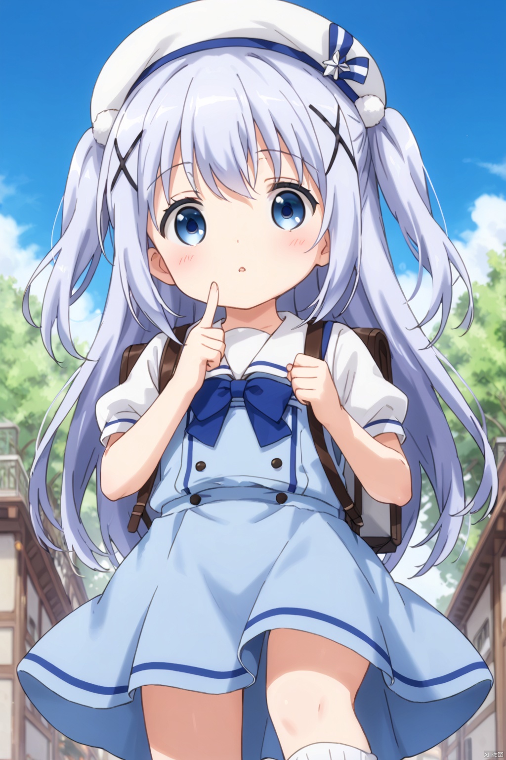 1girl ,loli,solo ,long hair ,long hair,bangs ,blue eyes , school uniform , hair,omament hat hair between,,blue hair, short sleeves, outdoorshairclip puffy, sleeves bag, sleeves ,white beret , white headwearbackpack,x hair, chino,frills loose socks,chino, from below,blush,index finger raised,two side up,(blush:1.4),gapeo