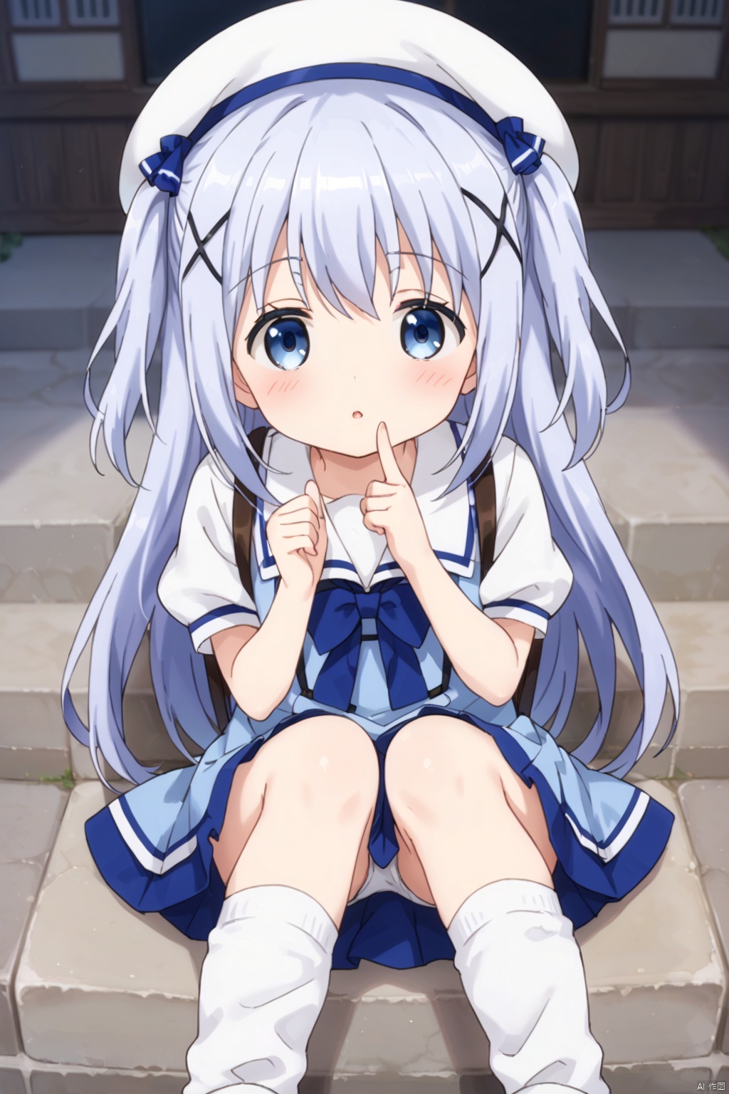 1girl ,loli,solo ,long hair ,long hair,bangs ,blue eyes , school uniform , hair,omament hat hair between,,blue hair, short sleeves, outdoorshairclip puffy, sleeves bag, sleeves ,white beret , white headwearbackpack,x hair, chino,frills loose socks,chino,blush,index finger raised,two side up,(blush:1.4),gapeo