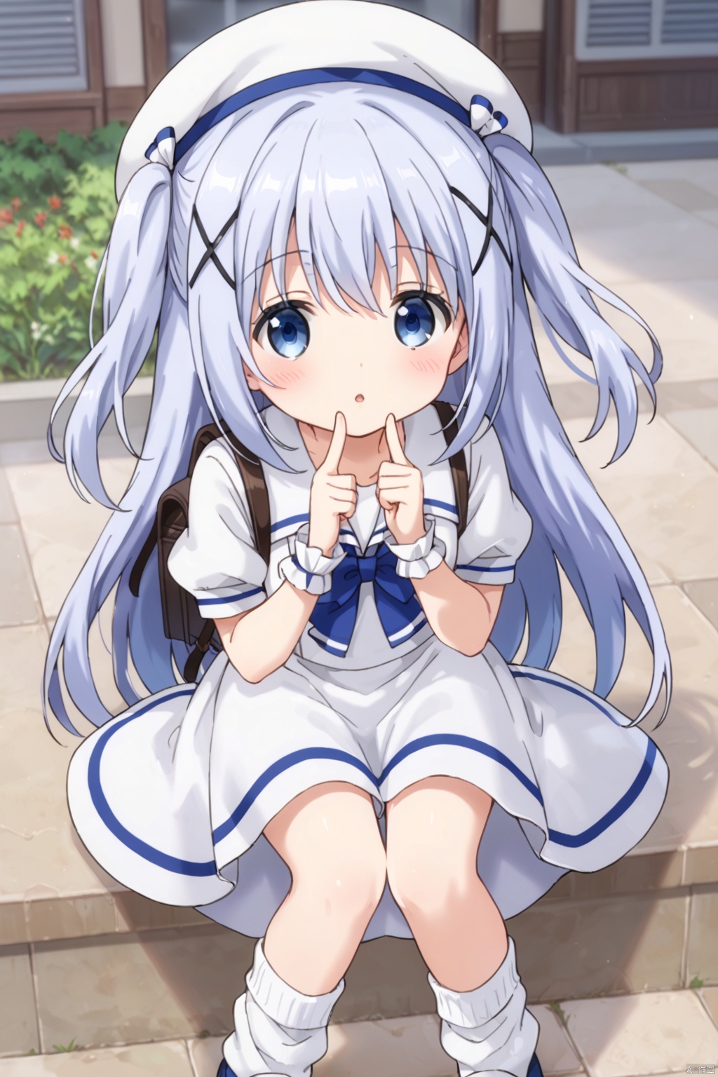 1girl ,solo ,long hair ,long hair,bangs ,blue eyes , school uniform , hair,omament hat hair between,,blue hair, short sleeves, outdoorshairclip puffy, sleeves bag, sleeves ,white beret , white headwearbackpack,x hair, chino,frills loose socks,chino,blush,index finger raised,two side up,(blush:1.4),gapeo