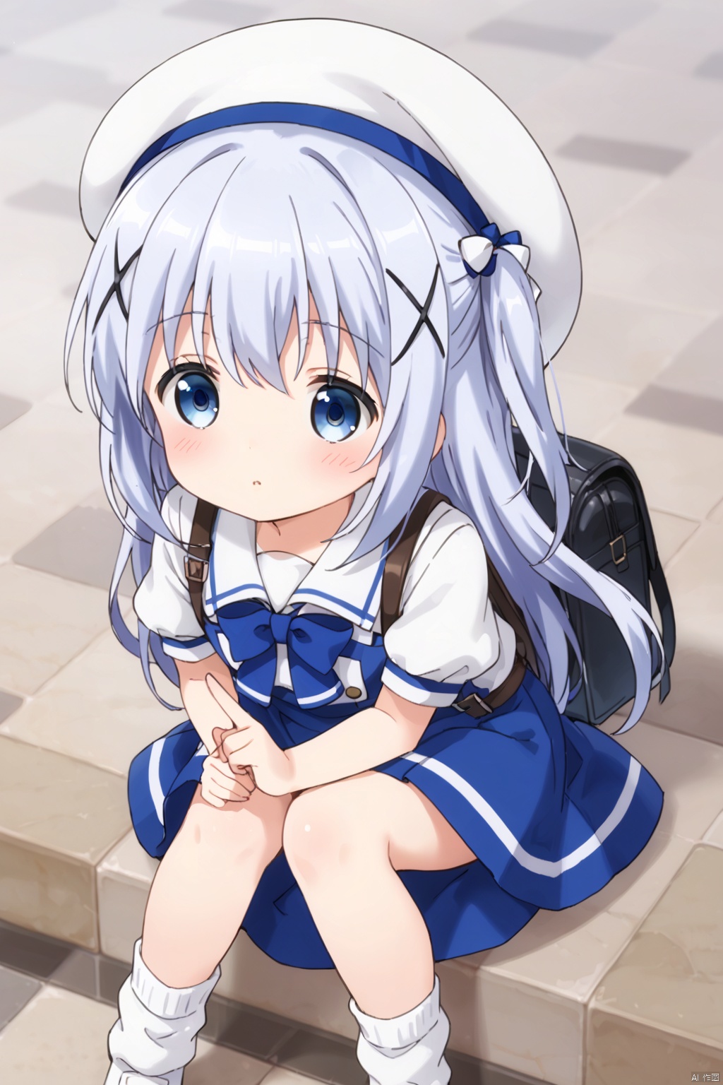 1girl ,loli,solo ,long hair ,long hair,bangs ,blue eyes , school uniform , hair,omament hat hair between,,blue hair, short sleeves, outdoorshairclip puffy, sleeves bag, sleeves ,white beret , white headwearbackpack,x hair, chino,frills loose socks,chino,blush,index finger raised,two side up,(blush:1.4),gapeo
