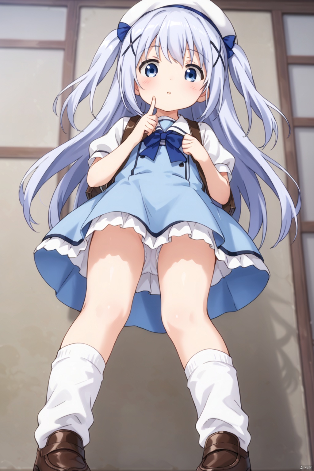 1girl ,loli,solo ,long hair ,long hair,bangs ,blue eyes , school uniform , hair,omament hat hair between,,blue hair, short sleeves, outdoorshairclip puffy, sleeves bag, sleeves ,white beret , white headwearbackpack,x hair, chino,frills loose socks,chino, from below,blush,index finger raised,two side up,(blush:1.4),gapeo