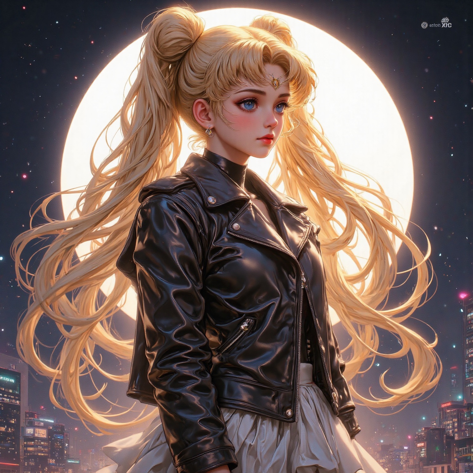 a cartoon girl with long blonde hair and blue eyes stands in front of a large,  glowing moon. She is dressed in a black le...