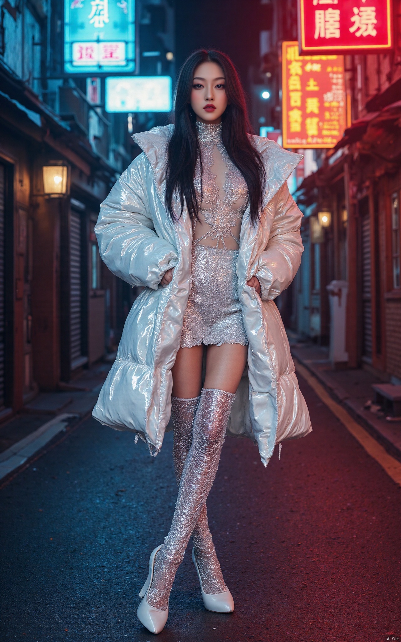 kinghere shishangyu,1girl,solo,long hair,breasts,looking at viewer,black hair,thighhighs,brown eyes,jewelry,standing,full body,earrings,outdoors,parted lips,open clothes,high heels,lips,see-through,white footwear,lipstick,fishnets,eyeshadow,realistic,hands in pockets,red lips,road,eyeliner,street,neon lights,

,Featuring daily style, rich details, authentic skin details, ultra-high resolution, 32K UHD, best quality, masterpiece, exquisite details, delicate details, natural textures, soft lighting, sharpness, masterpiece, best quality (ray tracing), surrealism, photo realism, epic realism, this is a truly high-definition photo, stacked into composition, diagonal composition, complex details, epic, photo realism,Soft light source, color correction, white balance,Latex dress.