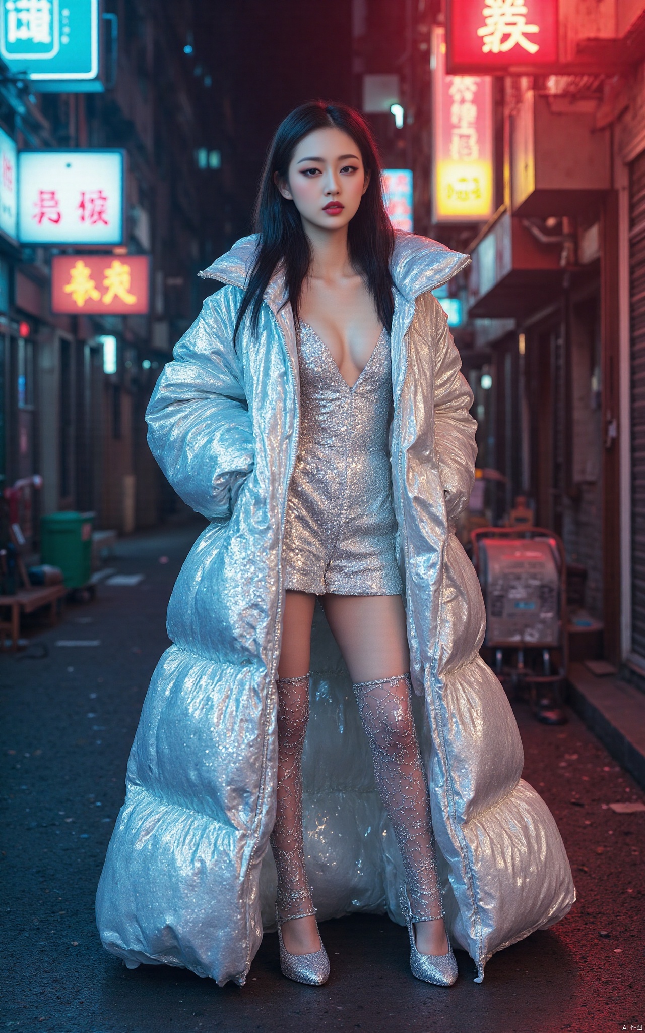 kinghere shishangyu,1girl,solo,long hair,breasts,looking at viewer,black hair,thighhighs,brown eyes,jewelry,standing,full body,earrings,outdoors,parted lips,open clothes,high heels,lips,see-through,white footwear,lipstick,fishnets,eyeshadow,realistic,hands in pockets,red lips,road,eyeliner,street,neon lights,

,Featuring daily style, rich details, authentic skin details, ultra-high resolution, 32K UHD, best quality, masterpiece, exquisite details, delicate details, natural textures, soft lighting, sharpness, masterpiece, best quality (ray tracing), surrealism, photo realism, epic realism, this is a truly high-definition photo, stacked into composition, diagonal composition, complex details, epic, photo realism,Soft light source, color correction, white balance,Latex dress.