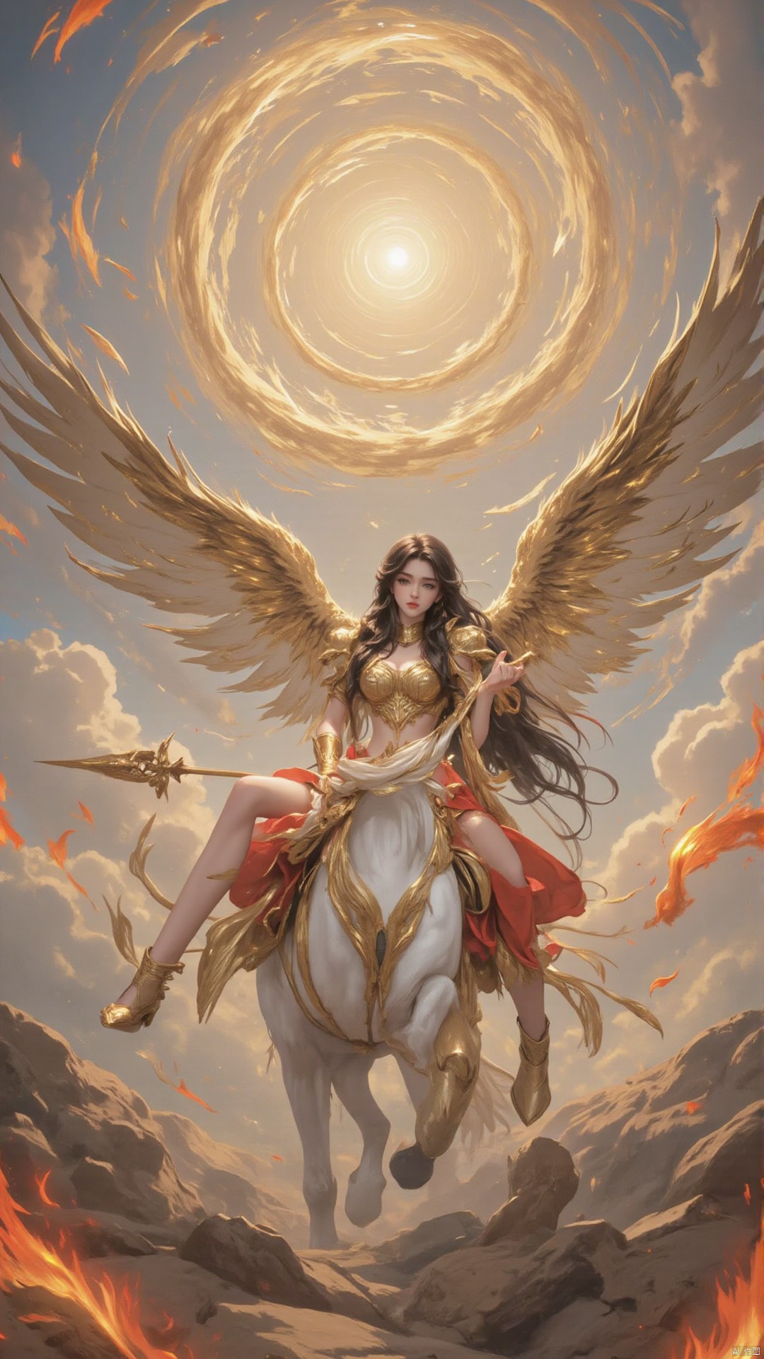 1 girl, solo, fantasy theme, shot from a low angle, shot from below. A girl riding a white warhorse, alone, with long hair and black hair. The intricate golden armor is made of gold-plated material that can reflect light. Thin gauze, revealing belly button, red short skirt, bare legs, long legs, beautiful legs, golden boots, holding reins in the left hand, burning holy sword surrounded by red light in the right hand, whole body, wings, feather wings, golden wings, Valkyrie, Ares, clouds, golden feather vortex, sky, heaven, holy light, Tindel effect.
