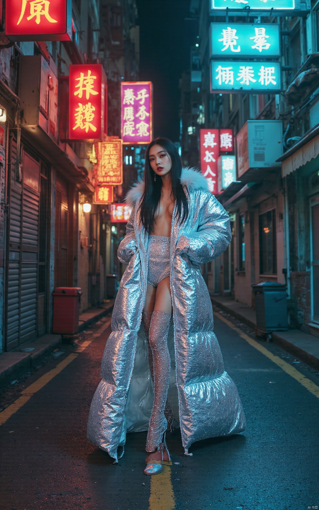 kinghere shishangyu,1girl,solo,long hair,breasts,looking at viewer,black hair,thighhighs,brown eyes,jewelry,standing,full body,earrings,outdoors,parted lips,open clothes,high heels,lips,see-through,white footwear,lipstick,fishnets,eyeshadow,realistic,hands in pockets,red lips,road,eyeliner,street,neon lights,

,Featuring daily style, rich details, authentic skin details, ultra-high resolution, 32K UHD, best quality, masterpiece, exquisite details, delicate details, natural textures, soft lighting, sharpness, masterpiece, best quality (ray tracing), surrealism, photo realism, epic realism, this is a truly high-definition photo, stacked into composition, diagonal composition, complex details, epic, photo realism,Soft light source, color correction, white balance,