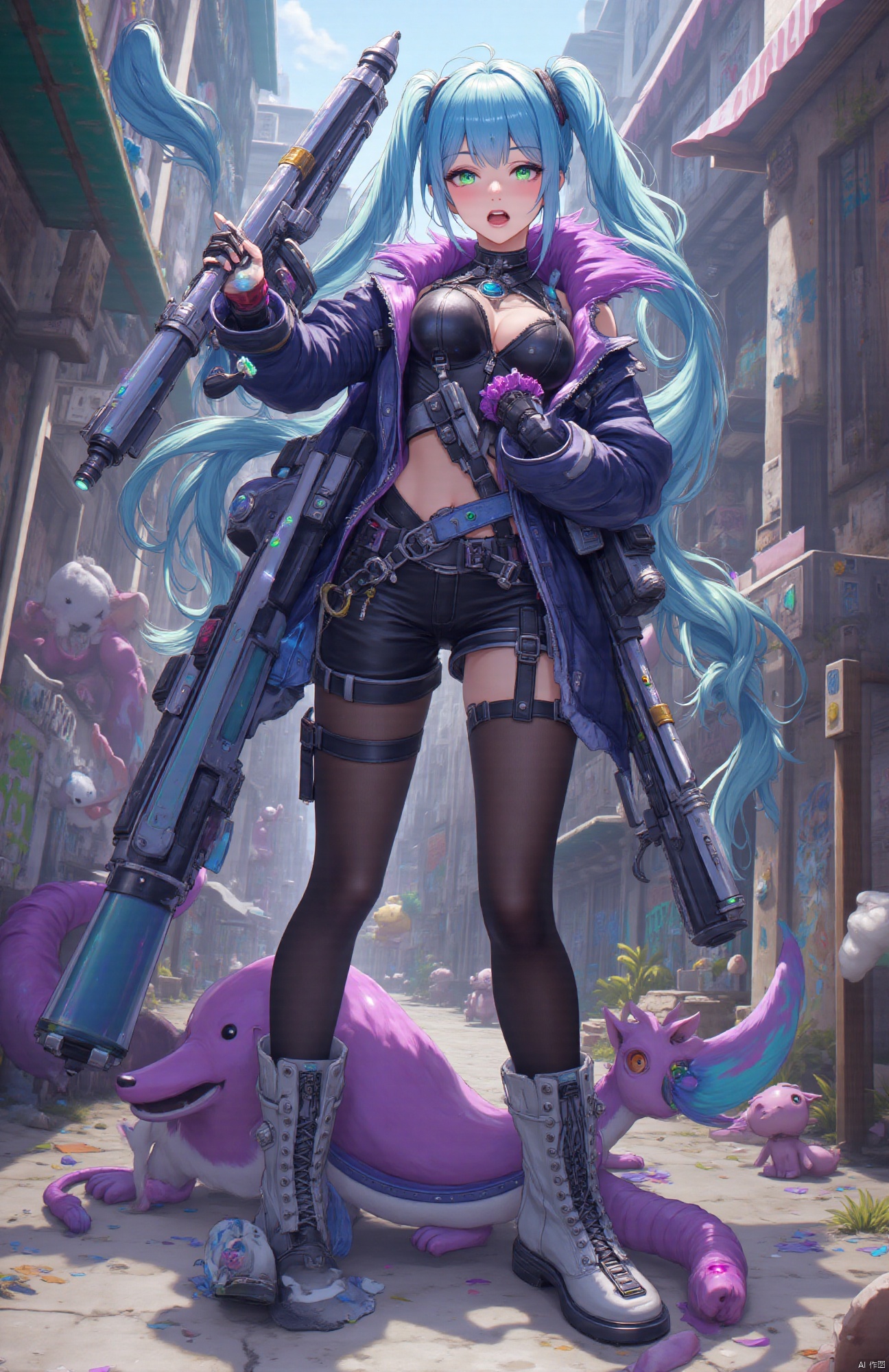 Realistic photo, real-life portrait, high-resolution, RAW, A vibrant and crazy young female character named Jinx. She has long blue hair with a purple gradient. Her hair is messy and braided on both sides, making her look playful and unruly. Her eyes are large and twinkling with excitement and mischief, and her pupils are a brilliant green hue.
Jinx is wearing an asymmetrical leather top with a dark blue upper body and purple details on the edge, showing a punk style. She is wearing tight black shorts on her lower body, paired with various metallic decorations and bright-colored props. Her legs are covered in black stockings and high boots with metal rivets.
She wears brightly colored wristbands on her wrists and various props hanging around her waist. Jinx holds a huge rocket launcher ("Fish Bone") and a slender submachine gun ("Wrath") in her hands. Her hands and feet naturally relax, exuding a sense of momentum and vitality.
The background of the scene can be a city street filled with graffiti, creating her crazy and energetic atmosphere. The entire image should reflect her personality: playful, mysterious, and dynamic.,IMPROVED