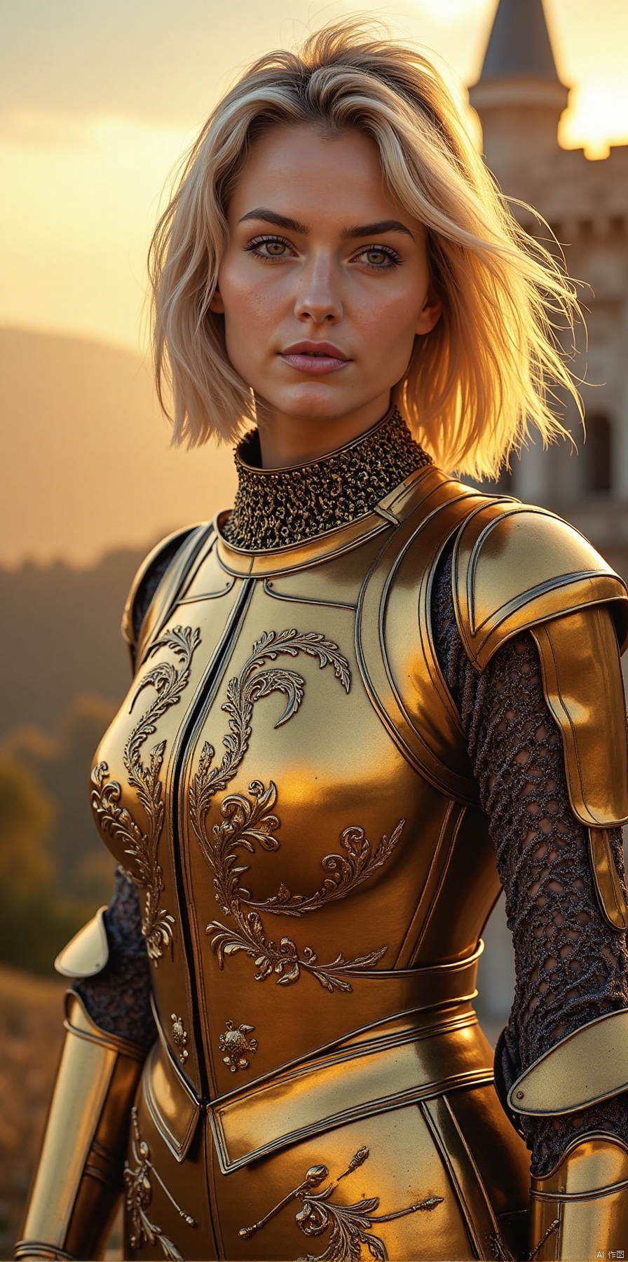 score_9,score_8_up,score_7_up,(Western Comics),(Italian woman),cowboy shot,bobbed hair,floating hair,in high detailed medieval gold armor,metal gold reflections,high detailed chainmail,upper body,outdoors,professional photograph,award winning photography,(ultra-detailed body),(light smile:0.3),softlight passing through hair,(far away castle background),(Sharp focus),(dynamic angle),seductive,innocent,slim,skinny,blonde hair, yellow eyes, white skin, mature female, sunrise, golden sky, magnificent architecture, beautiful detailed sky, overexposure, delicate gold metal decorations,