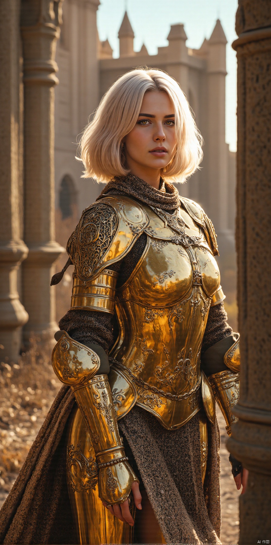 score_9,score_8_up,score_7_up,(Western Comics),(Italian woman),cowboy shot,bobbed hair,floating hair,in high detailed medieval gold armor,metal gold reflections,high detailed chainmail,upper body,outdoors,professional photograph,award winning photography,(ultra-detailed body),(light smile:0.3),softlight passing through hair,(far away castle background),(Sharp focus),(dynamic angle),seductive,innocent,slim,skinny,blonde hair, yellow eyes, white skin, mature female, sunrise, golden sky, magnificent architecture, beautiful detailed sky, overexposure, delicate gold metal decorations,IMPROVED