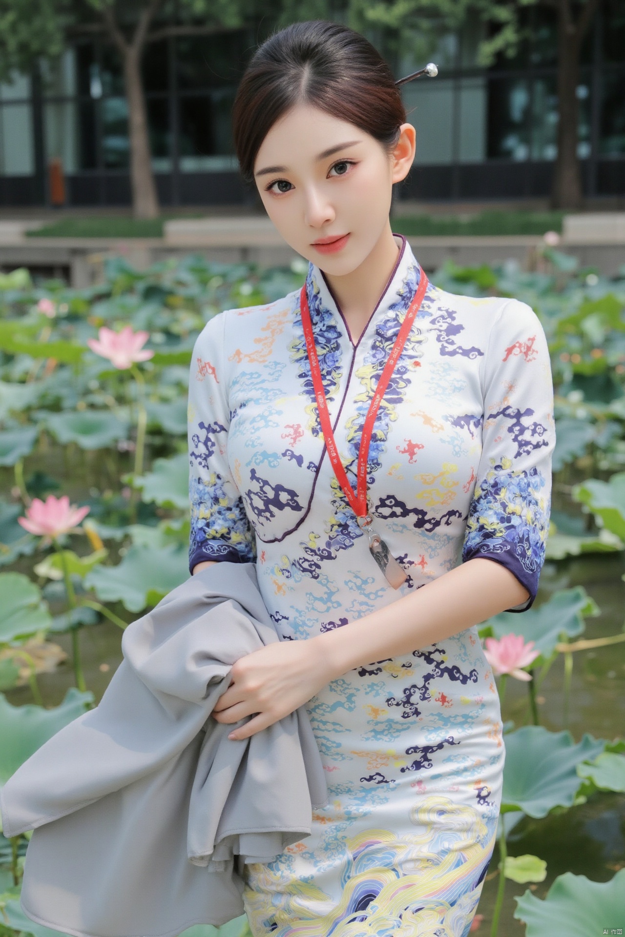 masterpiece,(best quality),official art, (1girl), (solo), ((looking_at_viewer)),(huge breasts:2.89),(full breasts:1.99),,(Forbidden City, osmanthus, lotus pond, lotus:1.3),Xnanhangqipao,Xhanfu,Xtanghanfu,Xzihanfu,Xqipao,Xzhanguopao