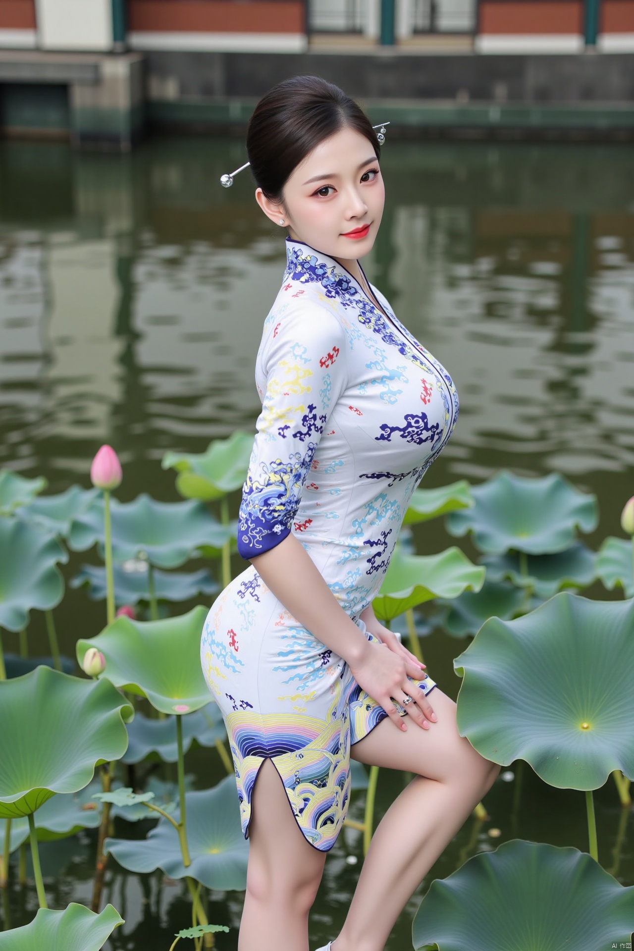 masterpiece,(best quality),official art, (1girl), (solo), ((looking_at_viewer)),(huge breasts:2.89),(full breasts:1.99),,(Forbidden City, osmanthus, lotus pond, lotus:1.3),Xnanhangqipao,Xhanfu,Xtanghanfu,Xzihanfu,Xqipao,Xzhanguopao
