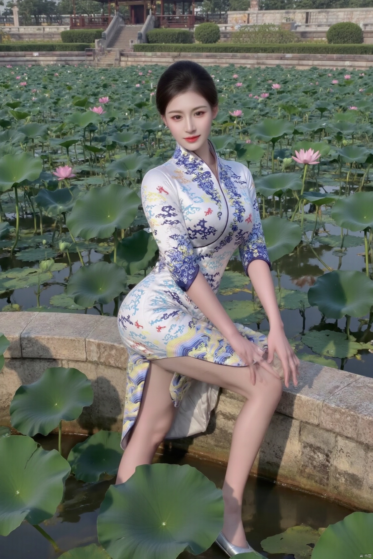 masterpiece,(best quality),official art, (1girl), (solo), ((looking_at_viewer)),(huge breasts:2.89),(full breasts:1.99),,(Forbidden City, osmanthus, lotus pond, lotus:1.3),Xnanhangqipao,Xhanfu,Xtanghanfu,Xzihanfu,Xqipao,Xzhanguopao