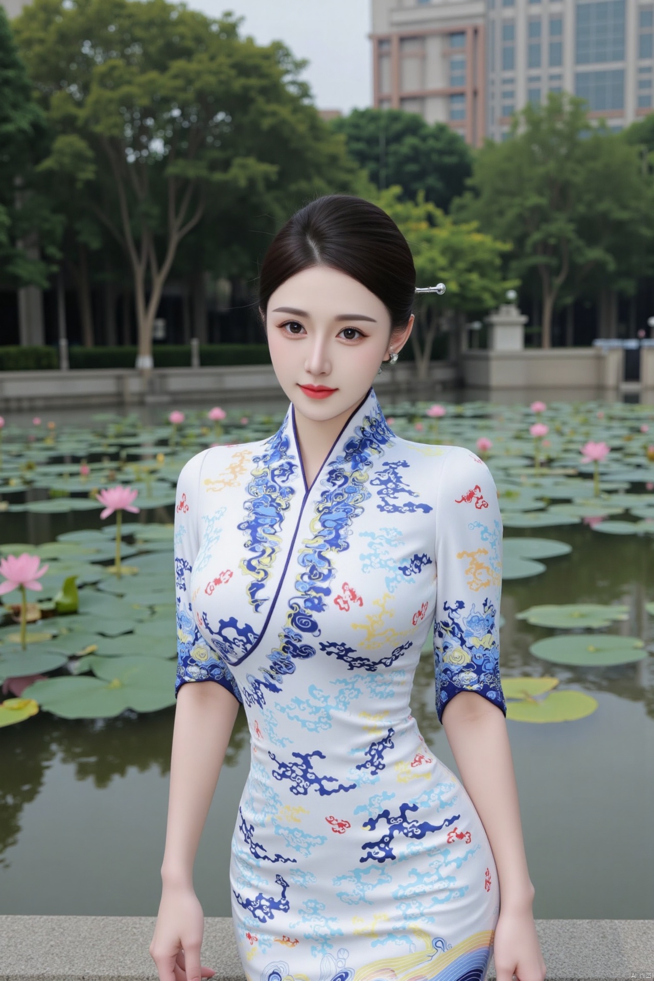 masterpiece,(best quality),official art, (1girl), (solo), ((looking_at_viewer)),(huge breasts:2.89),(full breasts:1.99),,(Forbidden City, osmanthus, lotus pond, lotus:1.3),Xnanhangqipao,Xhanfu,Xtanghanfu,Xzihanfu,Xqipao,Xzhanguopao