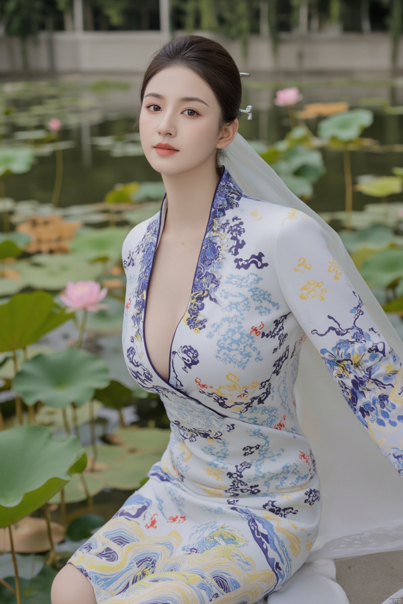 masterpiece,(best quality),official art, (1girl), (solo), ((looking_at_viewer)),(huge breasts:2.89),(full breasts:1.99),,(Forbidden City, osmanthus, lotus pond, lotus:1.3),Xnanhangqipao,Xhanfu,Xtanghanfu,Xzihanfu,Xqipao,Xzhanguopao