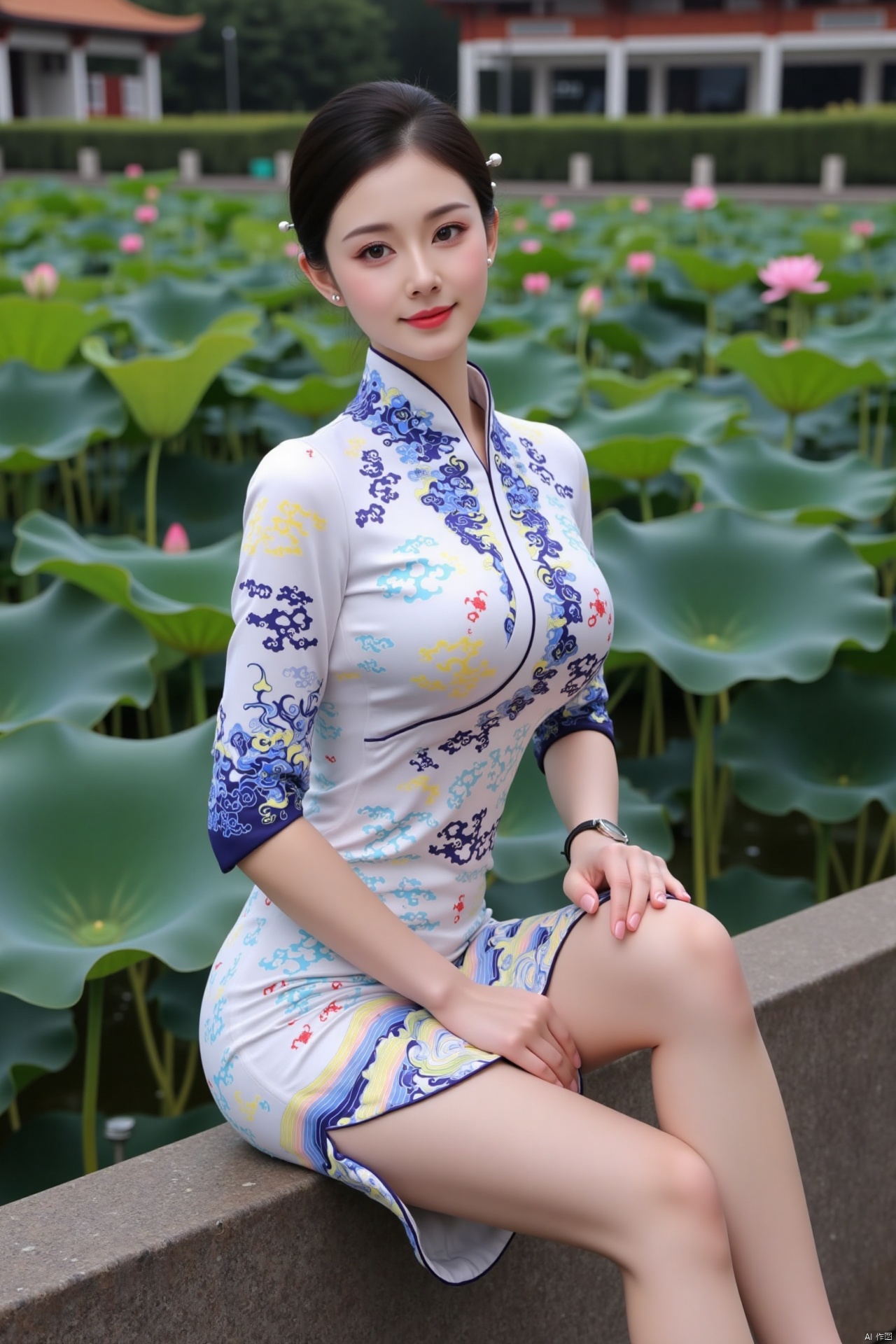 masterpiece,(best quality),official art, (1girl), (solo), ((looking_at_viewer)),(huge breasts:2.89),(full breasts:1.99),,(Forbidden City, osmanthus, lotus pond, lotus:1.3),Xnanhangqipao,Xhanfu,Xtanghanfu,Xzihanfu,Xqipao,Xzhanguopao
