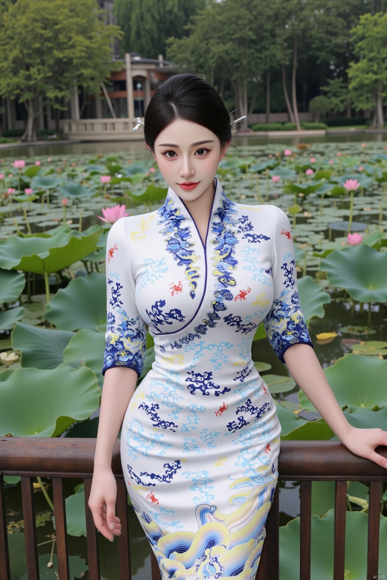 masterpiece,(best quality),official art, (1girl), (solo), ((looking_at_viewer)),(huge breasts:2.89),(full breasts:1.99),,(Forbidden City, osmanthus, lotus pond, lotus:1.3),Xnanhangqipao,Xhanfu,Xtanghanfu,Xzihanfu,Xqipao,Xzhanguopao