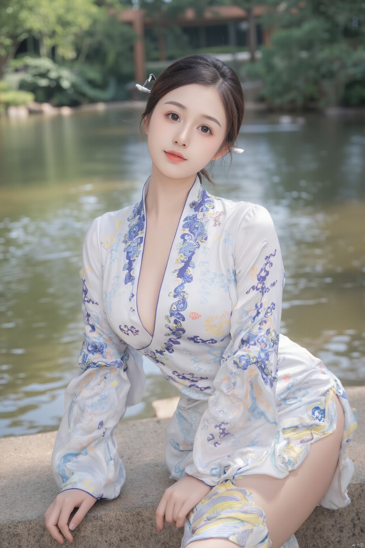 masterpiece,(best quality),official art, (1girl), (solo), ((looking_at_viewer)),(huge breasts:2.89),(full breasts:1.99),,(Forbidden City, osmanthus, lotus pond, lotus:1.3),Xnanhangqipao,Xhanfu,Xtanghanfu,Xzihanfu,Xqipao,Xzhanguopao
