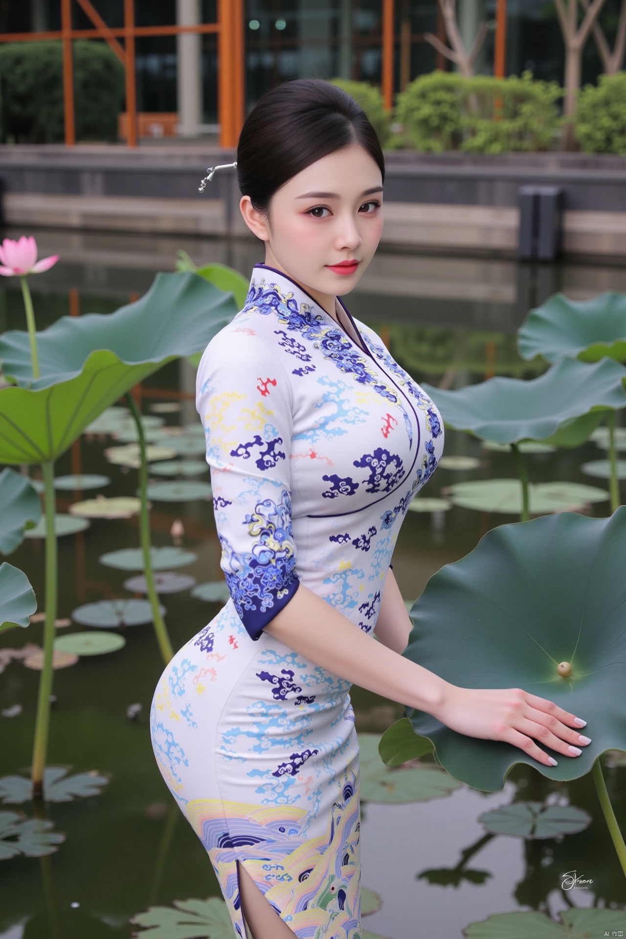 masterpiece,(best quality),official art, (1girl), (solo), ((looking_at_viewer)),(huge breasts:2.89),(full breasts:1.99),,(Forbidden City, osmanthus, lotus pond, lotus:1.3),Xnanhangqipao,Xhanfu,Xtanghanfu,Xzihanfu,Xqipao,Xzhanguopao