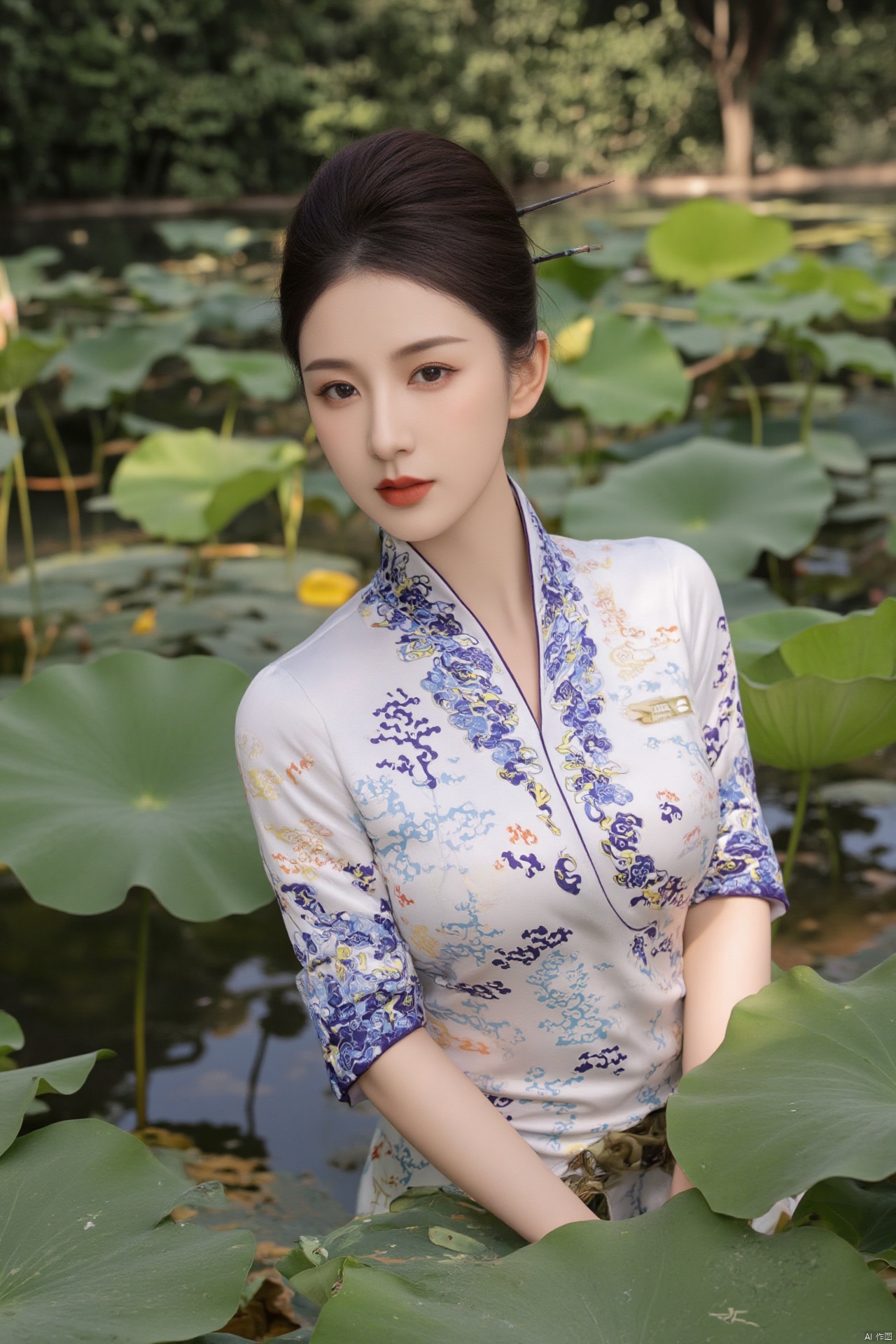 masterpiece,(best quality),official art, (1girl), (solo), ((looking_at_viewer)),(huge breasts:2.89),(full breasts:1.99),,(Forbidden City, osmanthus, lotus pond, lotus:1.3),Xnanhangqipao,Xhanfu,Xtanghanfu,Xzihanfu,Xqipao,Xzhanguopao