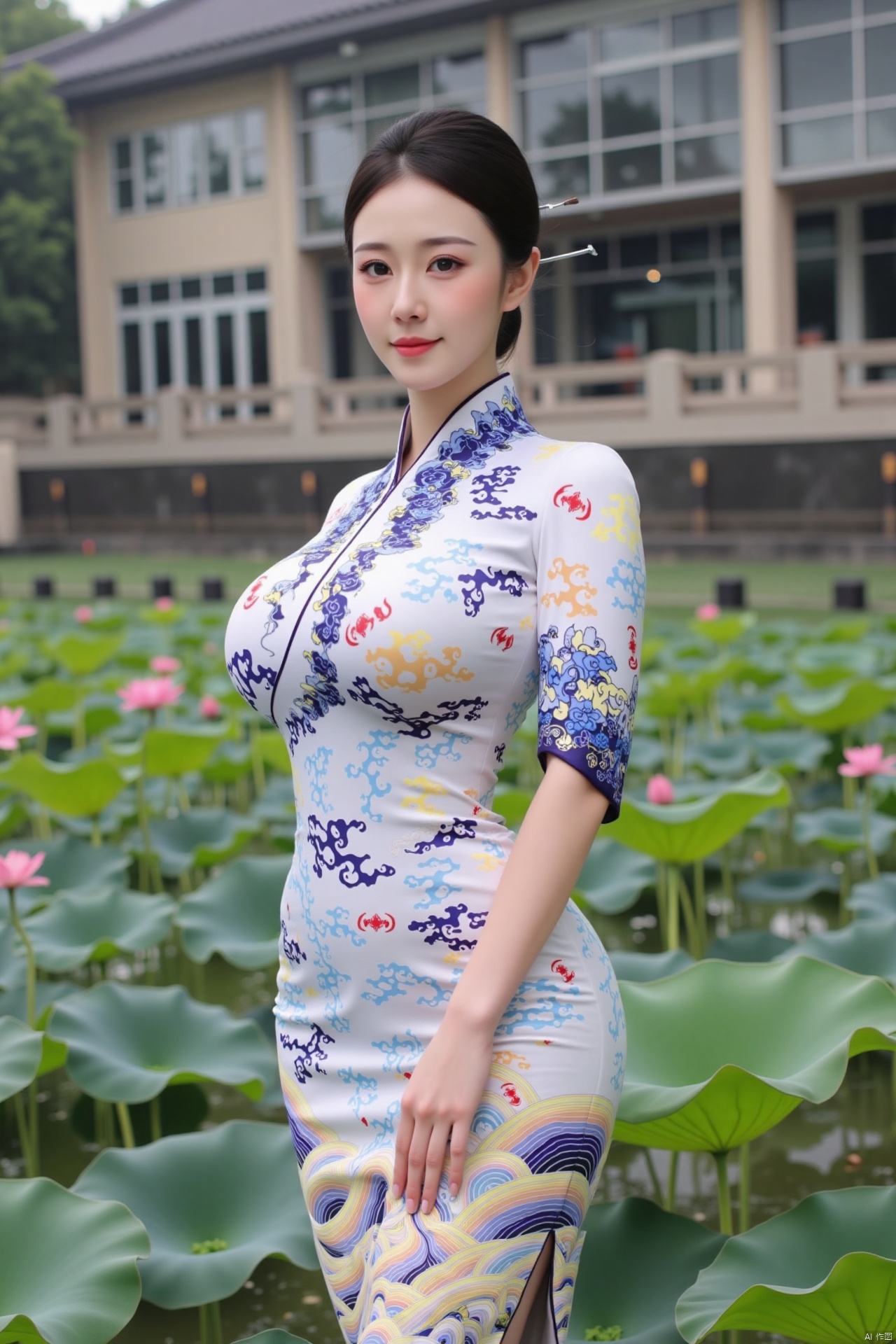 masterpiece,(best quality),official art, (1girl), (solo), ((looking_at_viewer)),(huge breasts:2.89),(full breasts:1.99),,(Forbidden City, osmanthus, lotus pond, lotus:1.3),Xnanhangqipao,Xhanfu,Xtanghanfu,Xzihanfu,Xqipao,Xzhanguopao