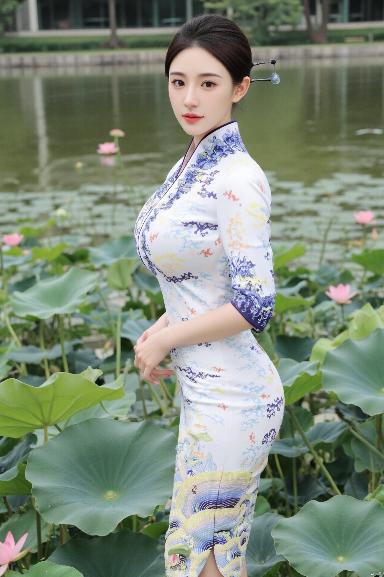 masterpiece,(best quality),official art, (1girl), (solo), ((looking_at_viewer)),(huge breasts:2.89),(full breasts:1.99),,(Forbidden City, osmanthus, lotus pond, lotus:1.3),Xnanhangqipao,Xhanfu,Xtanghanfu,Xzihanfu,Xqipao,Xzhanguopao
