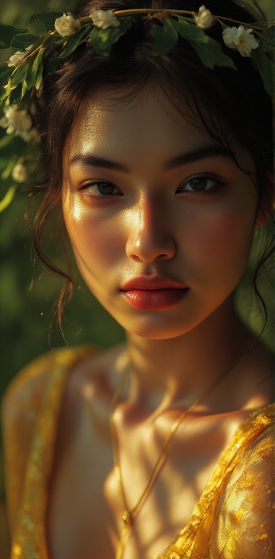 a close-up shot of a young Asian woman with dark brown hair and a wreath of leaves and flowers on her head. The woman's he...