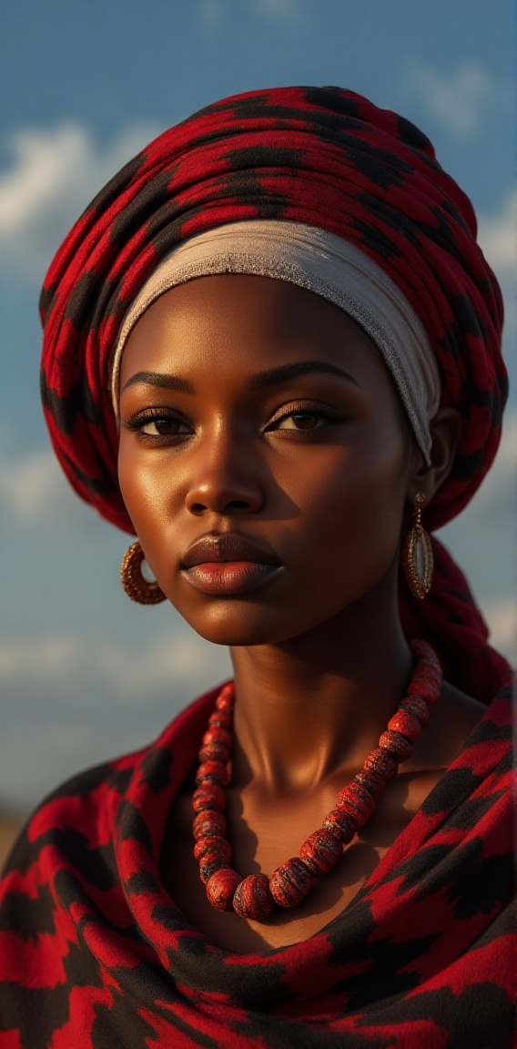 a close-up shot of a African woman,  dressed in a red and black scarf,  adorned with a beaded necklace and earrings. Her h...