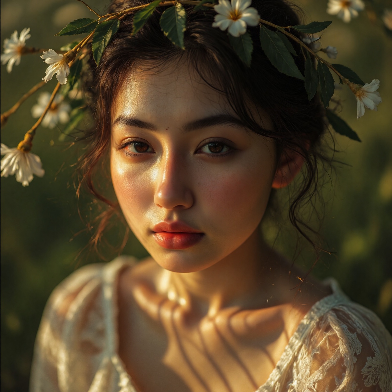 a close-up shot of a young Asian woman with dark brown hair and a wreath of leaves and flowers on her head. The woman's he...