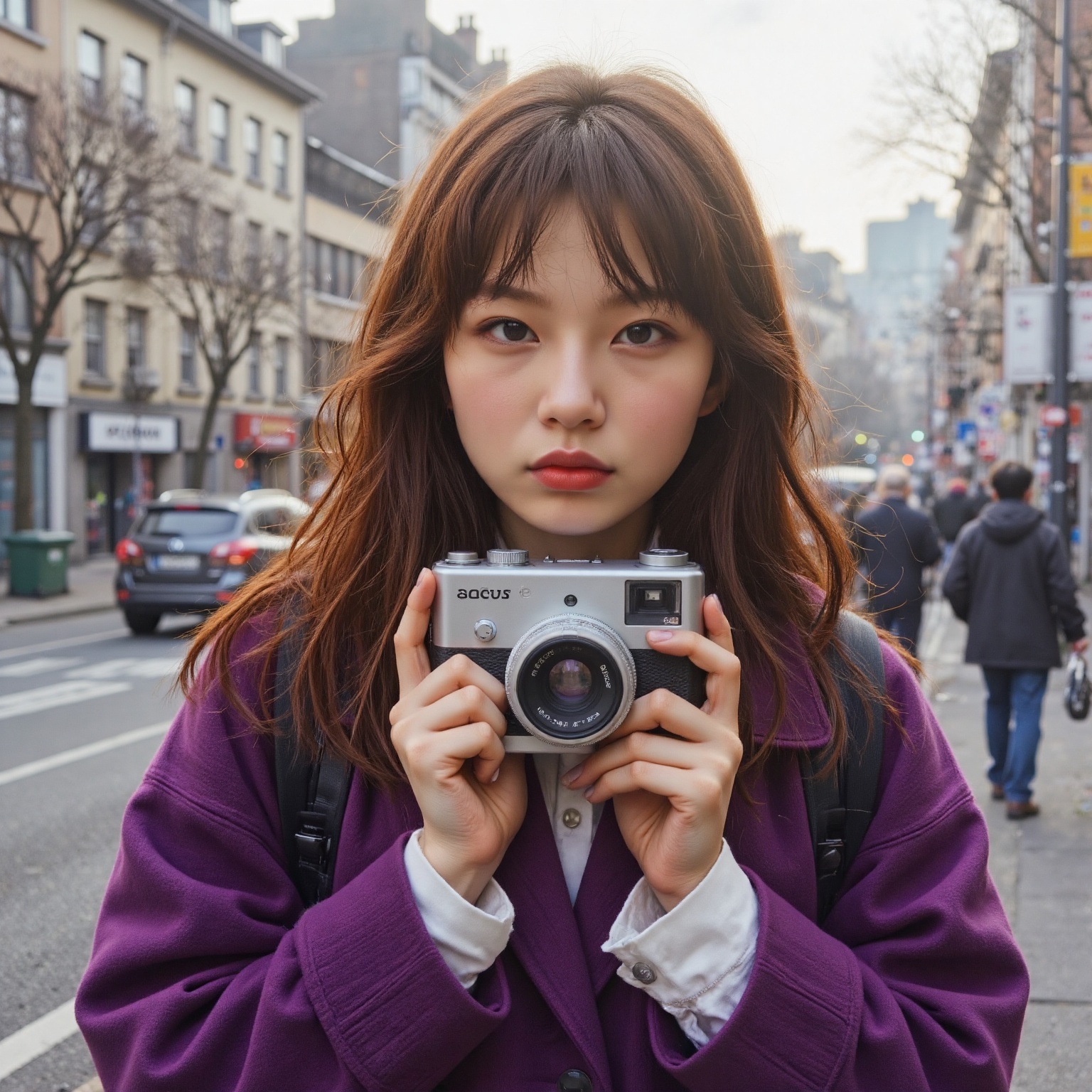 a young woman with long brown hair,  dressed in a purple coat,  is holding a silver camera with a black lens. She is stand...