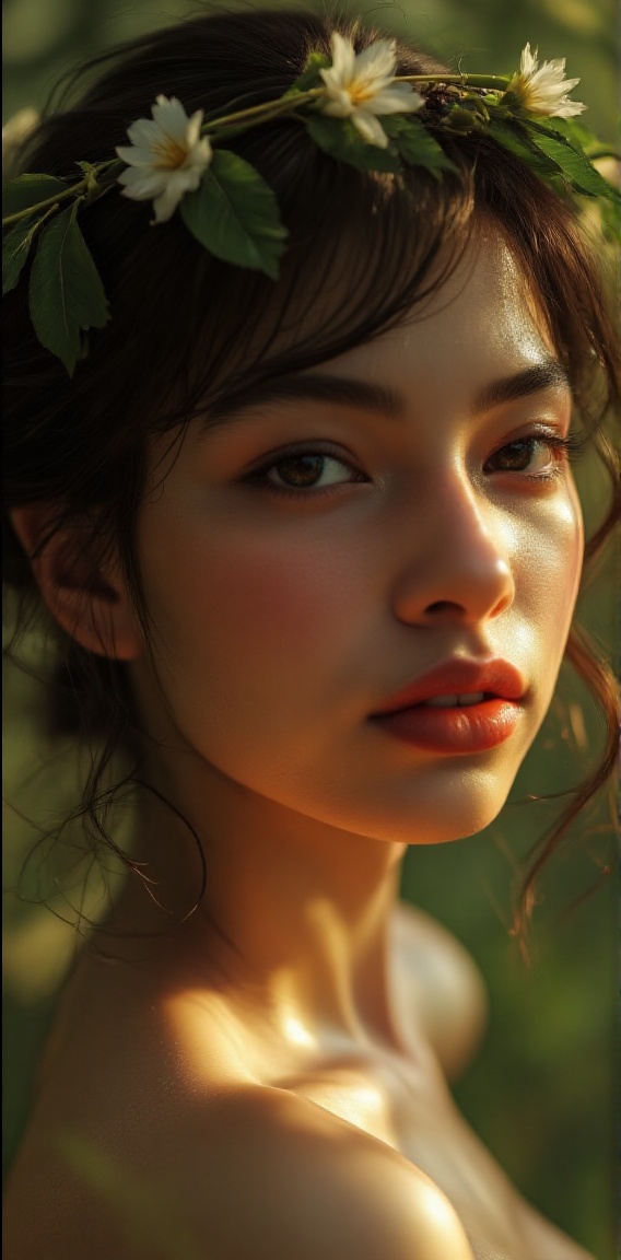 a close-up shot of a young Asian woman with dark brown hair and a wreath of leaves and flowers on her head. The woman's he...