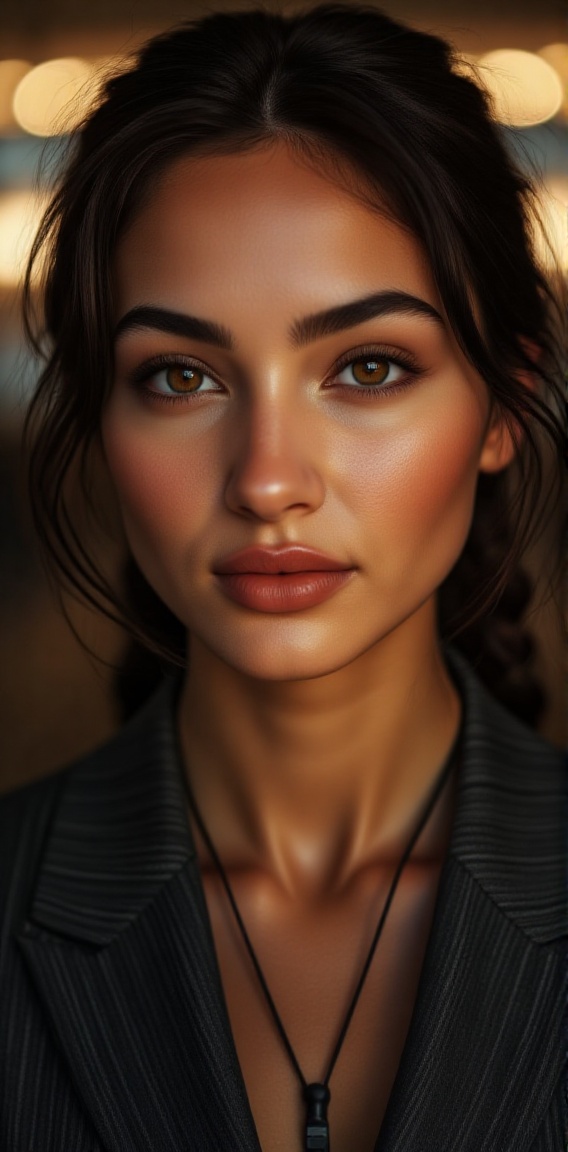 a close-up portrait of a woman with long dark hair,  her eyes are angled slightly to the left. Her eyebrows are painted a...