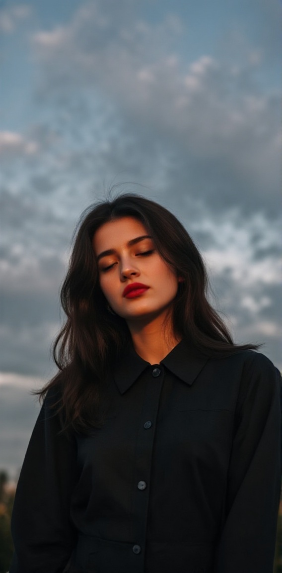 a woman with long dark hair stands with her eyes closed,  her head tilted slightly to the left. She is wearing a black but...
