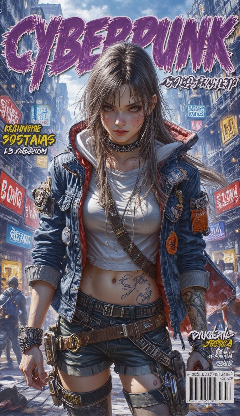 A stunning magazine cover featuring the bold logo name "CYBERPUNK" in purple glitch-style fonts,  prominently placed at th...