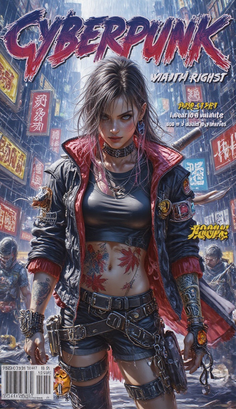 A stunning magazine cover featuring the bold logo name "CYBERPUNK" in purple glitch-style fonts,  prominently placed at th...