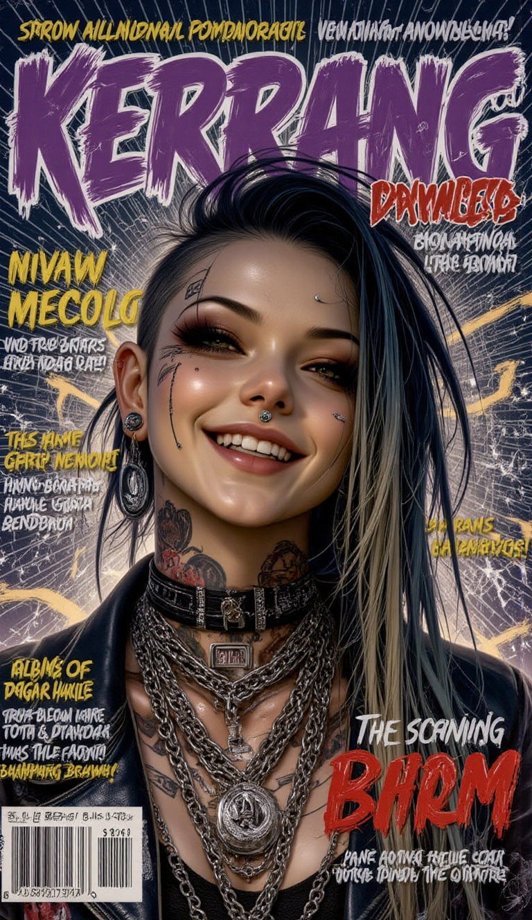 A stunning magazine cover featuring the bold logo name "KERRANG" in purple grunge-style fonts,  prominently placed at the...