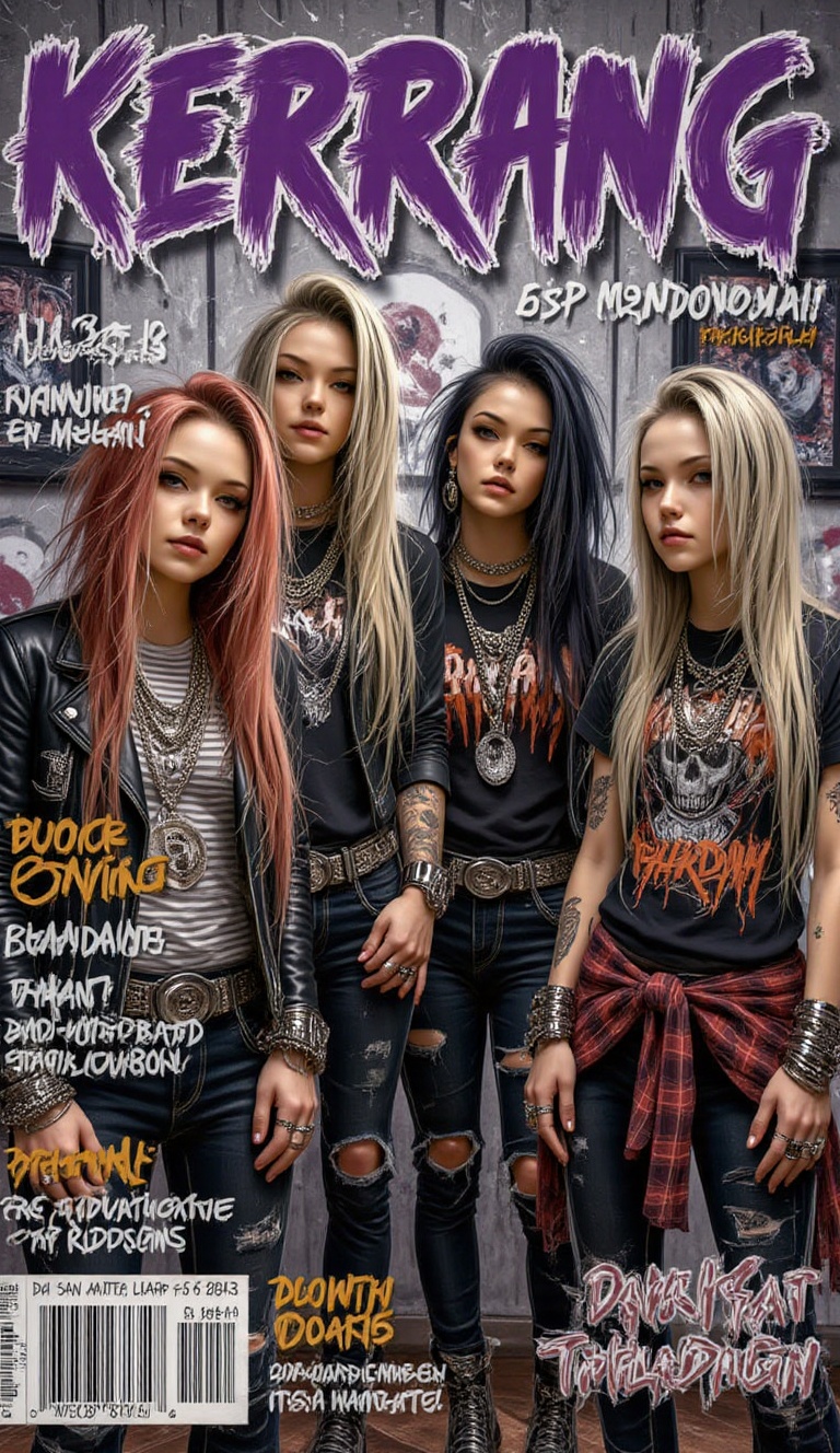 A stunning magazine cover featuring the bold logo name "KERRANG" in purple glitch-style fonts,  prominently placed at the...